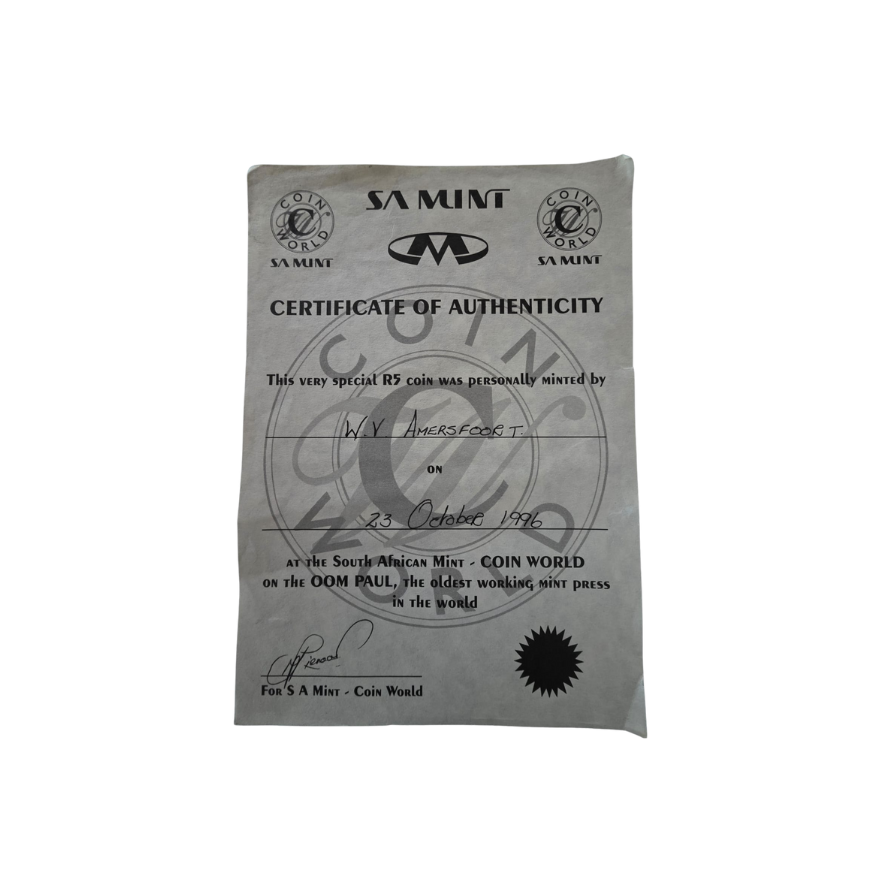 1996 South Africa R5 PF 69 Ultra Cameo - With original Coin Word Certificate issued to W.V Amersfoort on the 23 October 1996 - Image 3