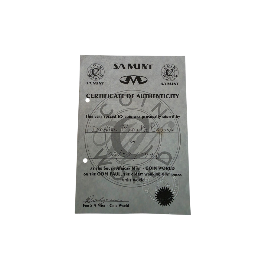 1998 South Africa R5 (PF 69 Ultra Cameo) - Top Pop - With original Coin World Certificate issued to Daniel Mark de Bruyne - Image 3