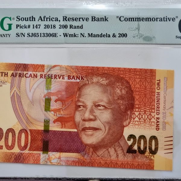 South Africa, Reserve Bank, "Commemorative", Pick#147 2018 200 Rand, S/N SJ6513306E - Wmk: N. Mandela & 200 68 Superb Gem UNC