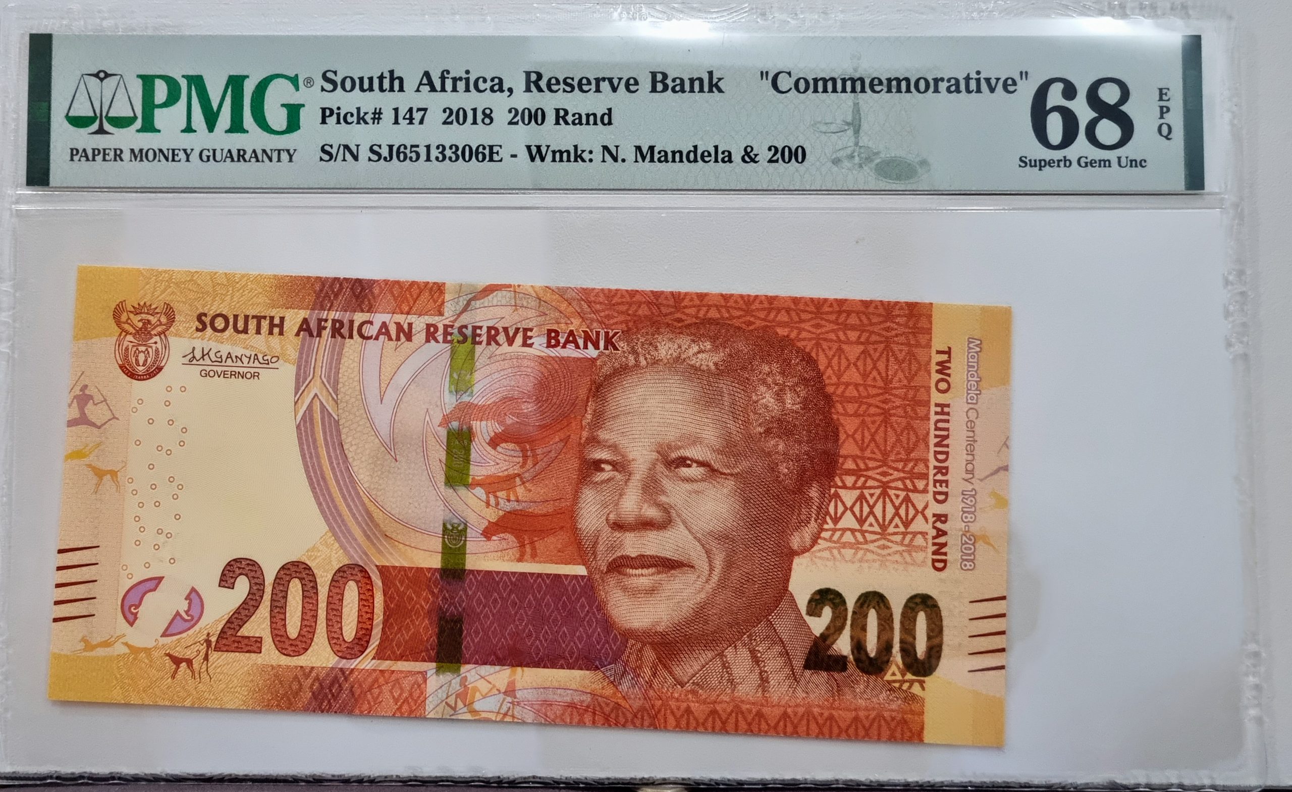 South Africa, Reserve Bank, "Commemorative", Pick#147 2018 200 Rand, S/N SJ6513306E - Wmk: N. Mandela & 200 68 Superb Gem UNC