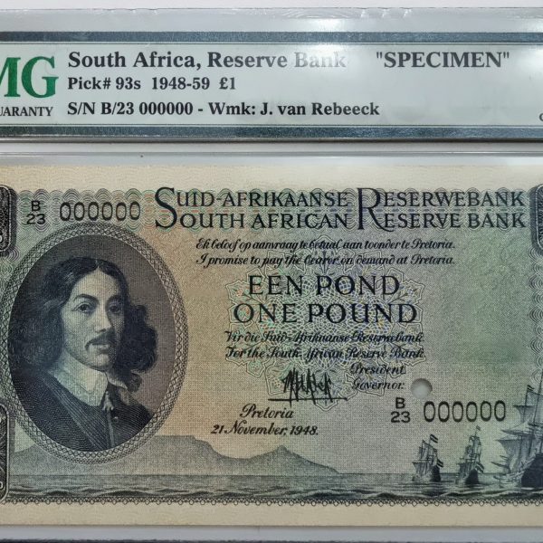 South Africa, Reserve Bank, "SPECIMEN" Pick# 93s 1948-59 £1 S/N B/23 000000 - Wmk: J. van Rebeeck, 64 Choice Uncirculated