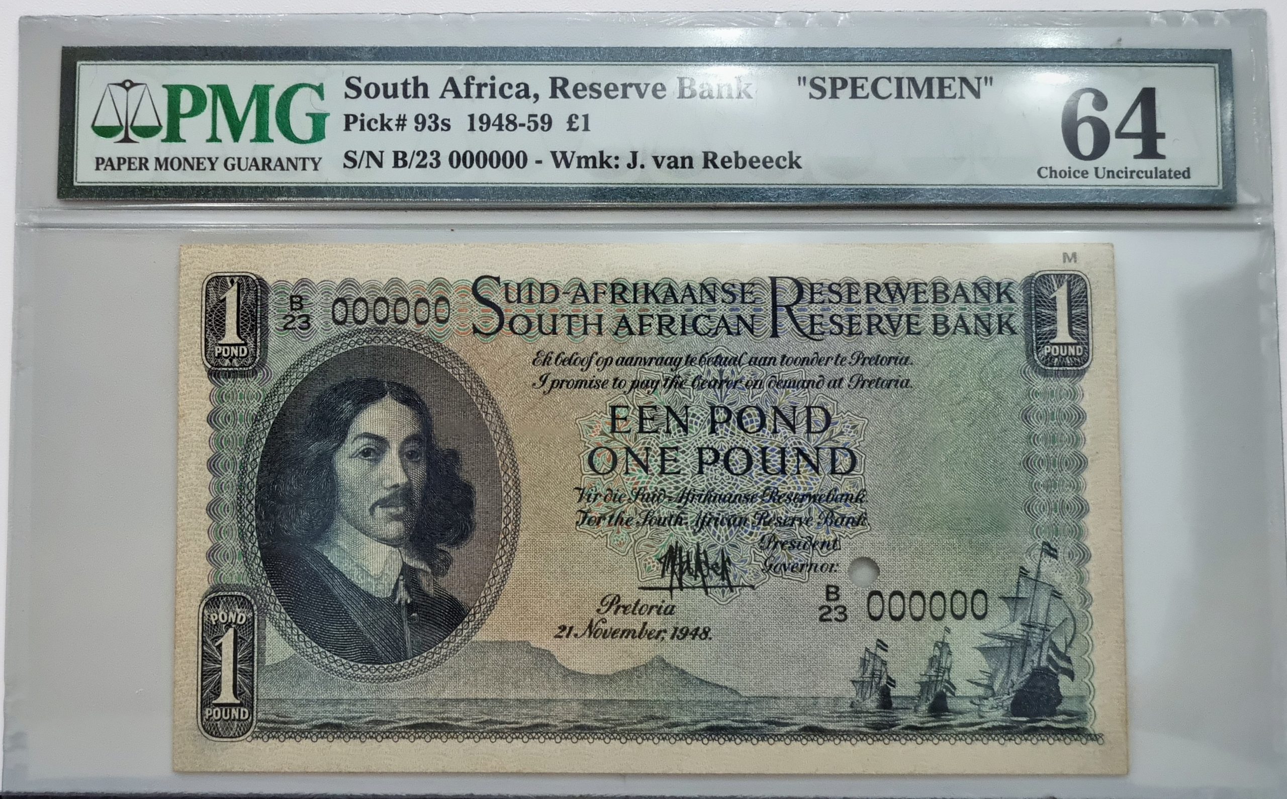 South Africa, Reserve Bank, "SPECIMEN" Pick# 93s 1948-59 £1 S/N B/23 000000 - Wmk: J. van Rebeeck, 64 Choice Uncirculated