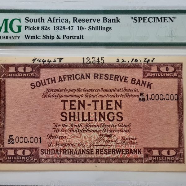 South Africa, Reserve Bank, "SPECIMEN", Pick#82s 1928-47 10/-Shillings, Wmk: Ship & Portrait, 64 Choice Uncirculated