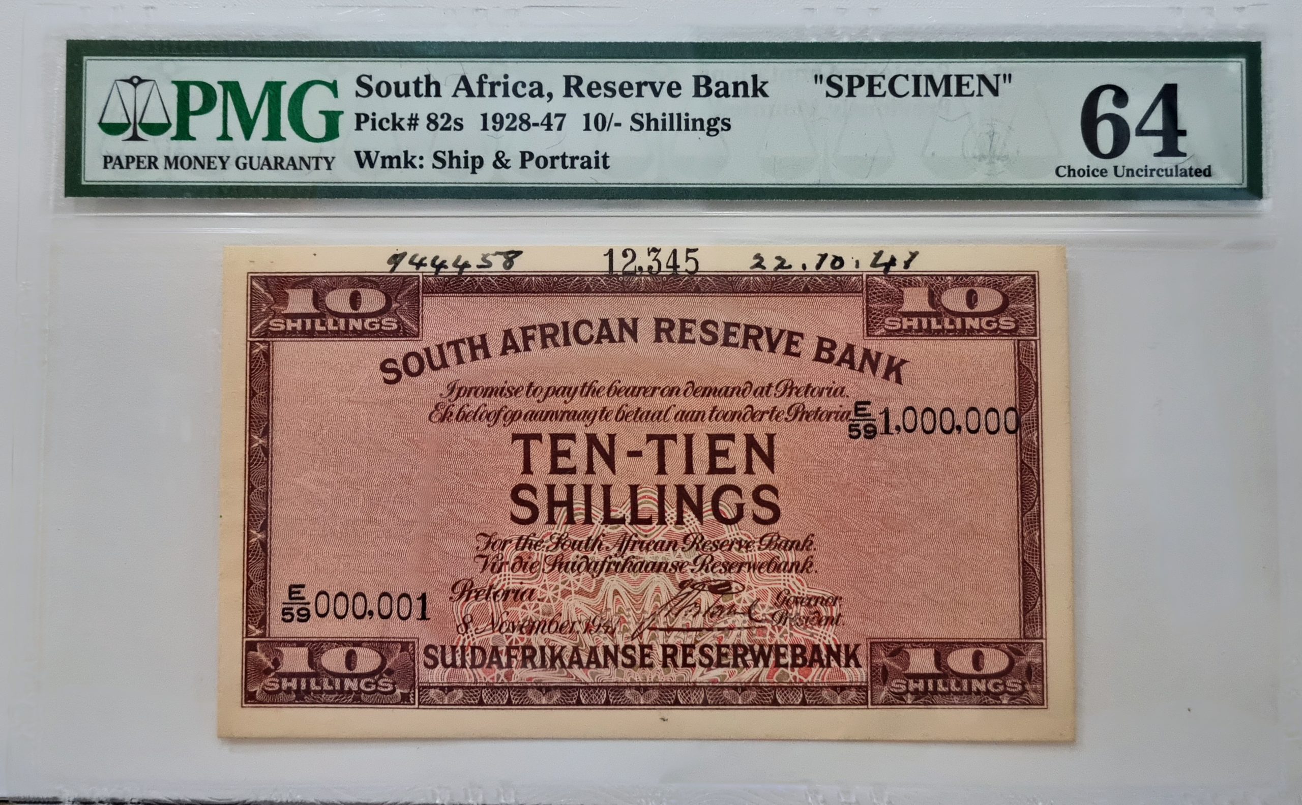 South Africa, Reserve Bank, "SPECIMEN", Pick#82s 1928-47 10/-Shillings, Wmk: Ship & Portrait, 64 Choice Uncirculated
