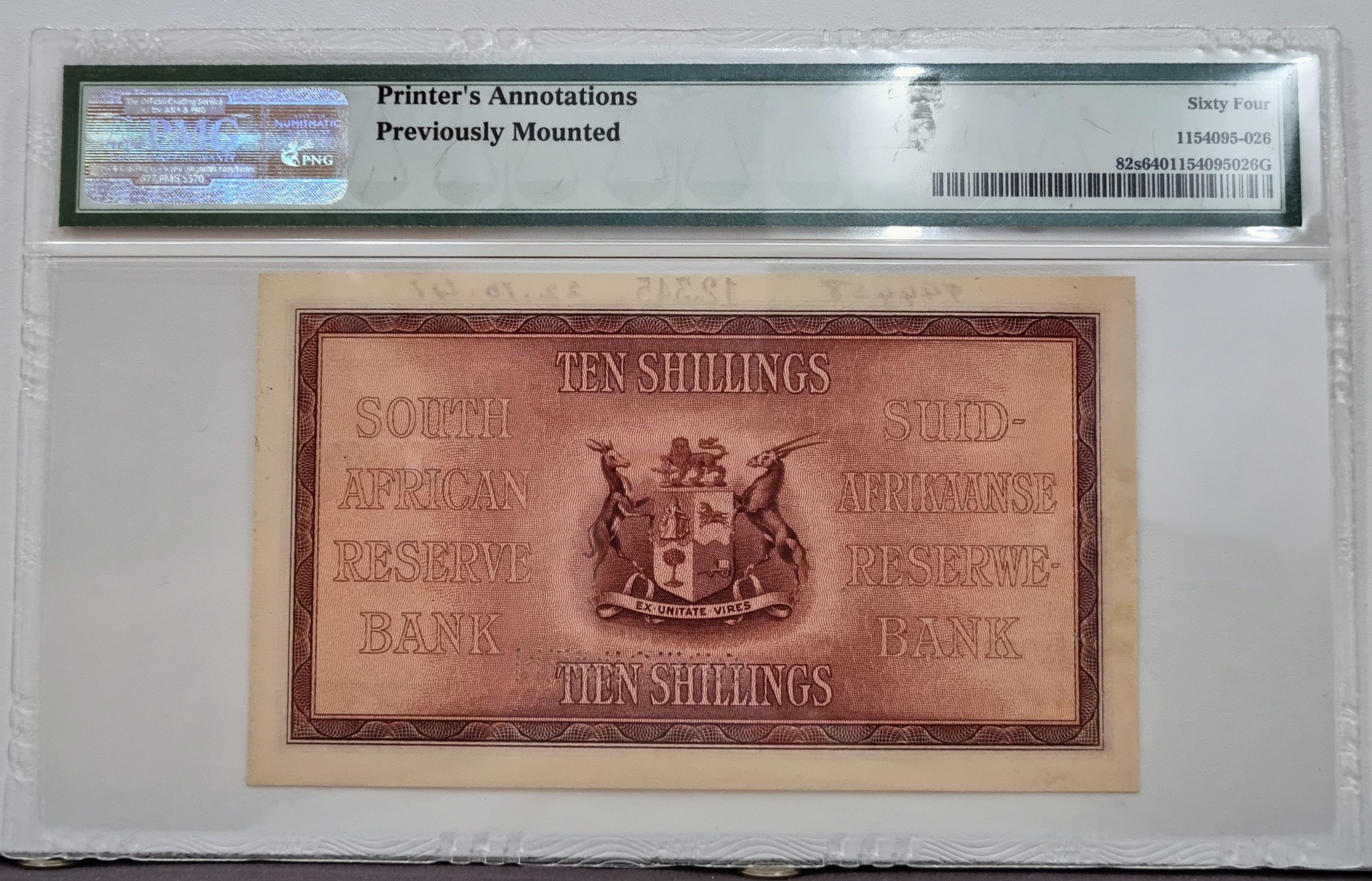 South Africa, Reserve Bank, "SPECIMEN", Pick#82s 1928-47 10/-Shillings, Wmk: Ship & Portrait, 64 Choice Uncirculated - Image 2