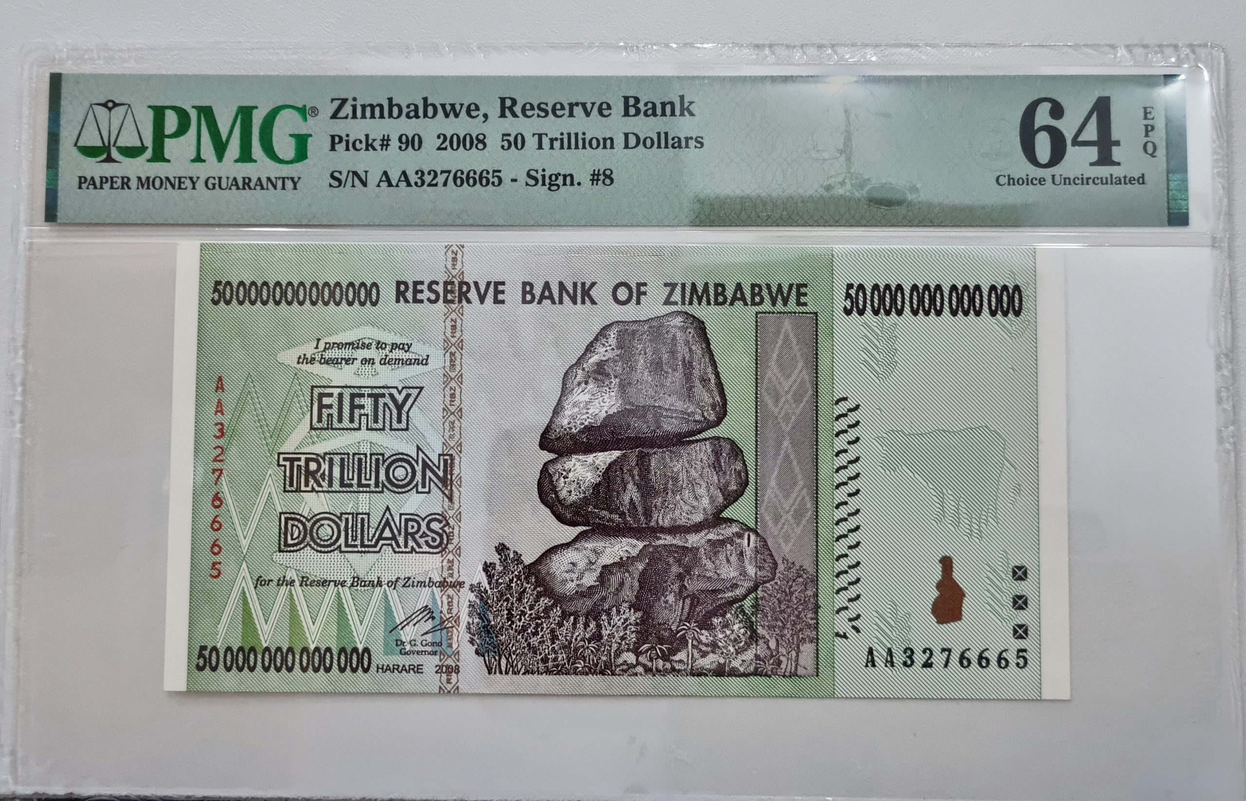 Zimbabwe, Reserve Bank, Pick#90 2008 50 Trillion Dollars S/N AA3276665 - Sign. #8 64 Choice Uncirculated