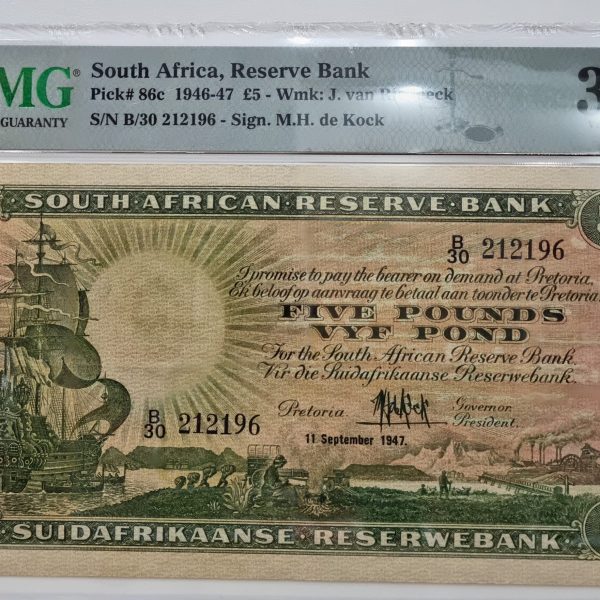 South Africa, Reserve Bank, Pick# 86c 1946-47 £5 - Wmk: J. van Riebeeck, S/N B/30 212196 - Sign. M.H. de Kock 30 Very Fine