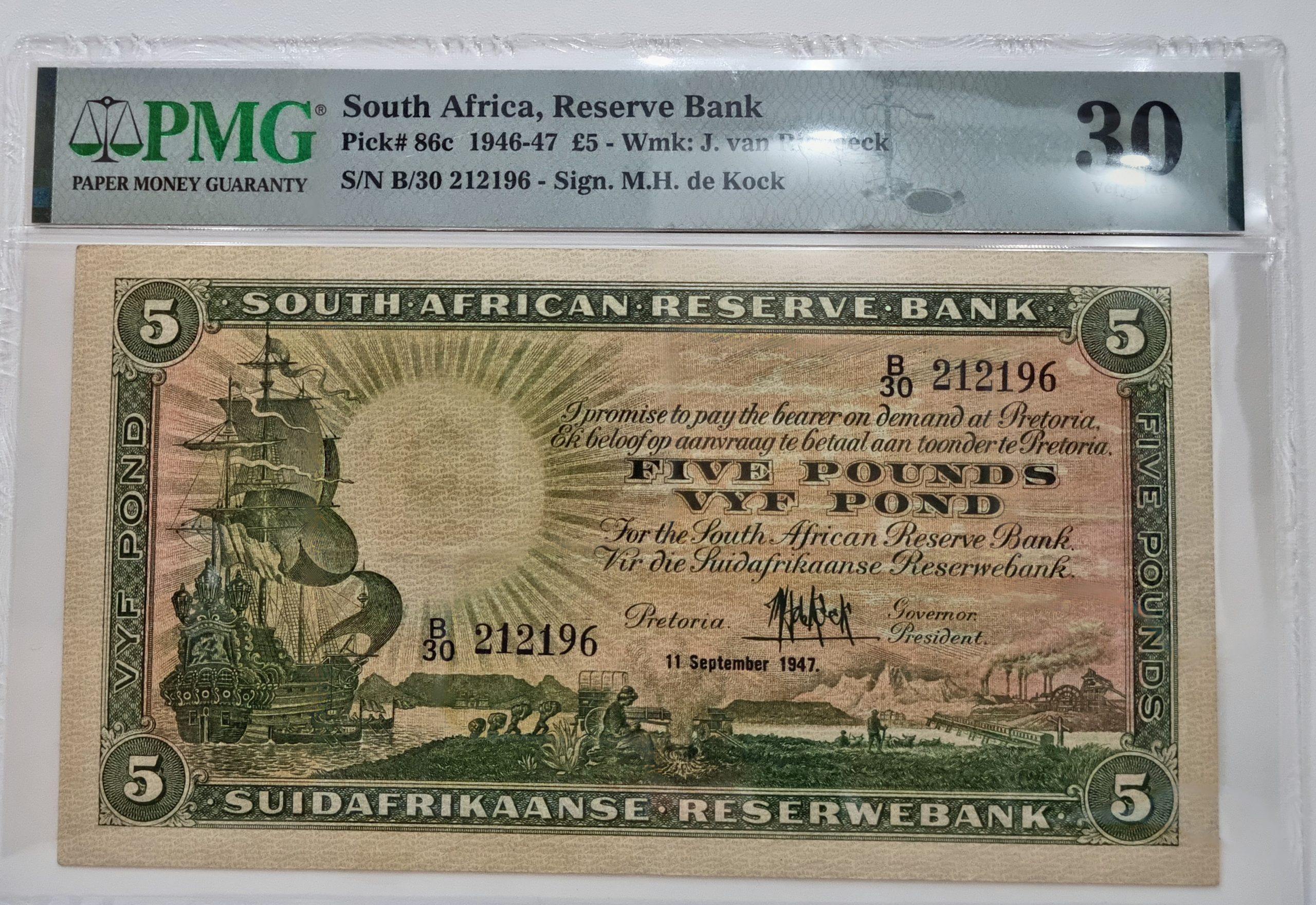 South Africa, Reserve Bank, Pick# 86c 1946-47 £5 - Wmk: J. van Riebeeck, S/N B/30 212196 - Sign. M.H. de Kock 30 Very Fine