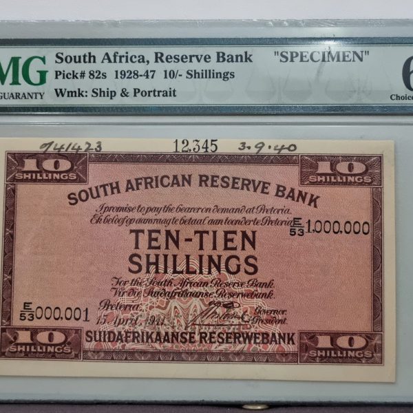 South Africa, Reserve Bank, "SPECIMEN" Pick# 82s 1928-47 10/-Shillings, Wmk: Ship & Portrait, 64 Choice Uncirculated