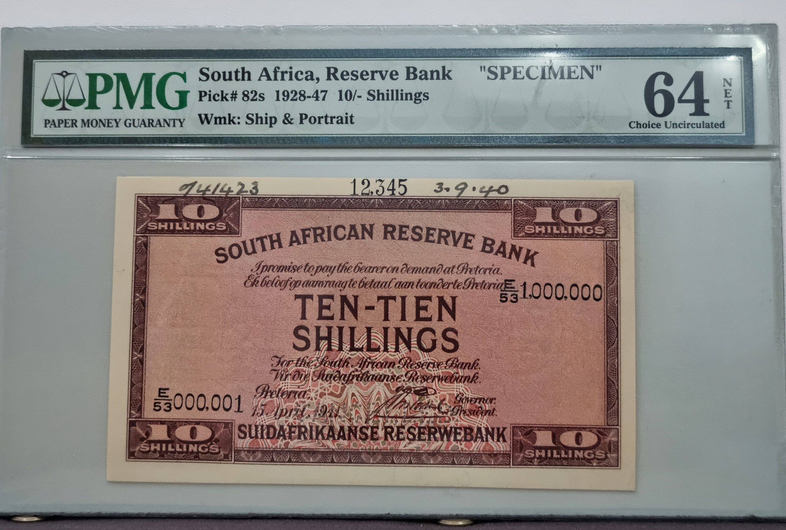 South Africa, Reserve Bank, "SPECIMEN" Pick# 82s 1928-47 10/-Shillings, Wmk: Ship & Portrait, 64 Choice Uncirculated