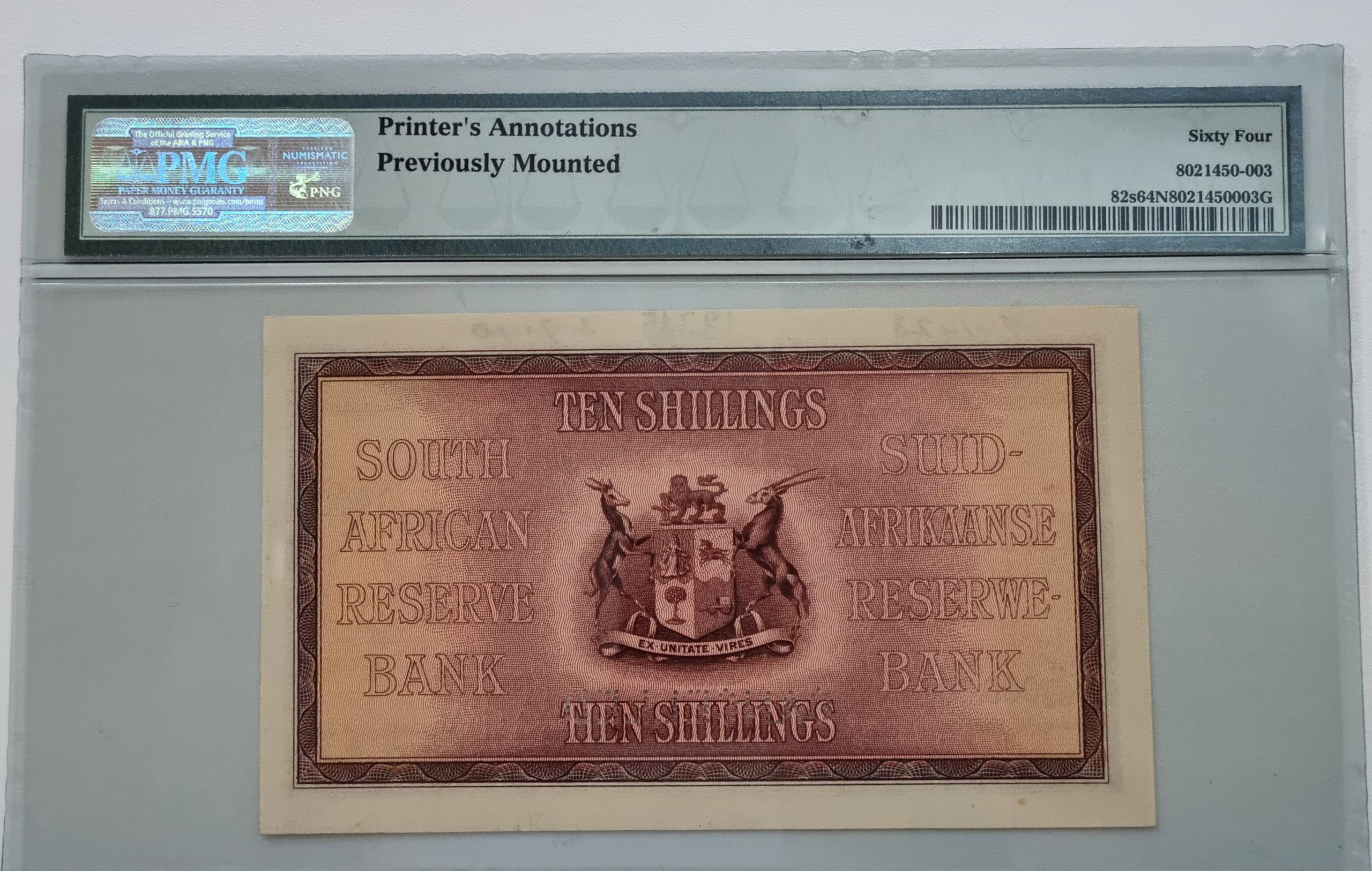 South Africa, Reserve Bank, "SPECIMEN" Pick# 82s 1928-47 10/-Shillings, Wmk: Ship & Portrait, 64 Choice Uncirculated - Image 2