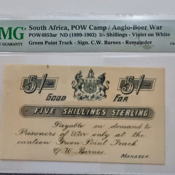 South Africa, POW Camp / Anglo - Boer War POW4853ar ND (1899-1902) 5/-Shillings - Voilet on White, Green Point Track - Sign. C.W.Barnes - Remainder 64 Choice Uncirculated