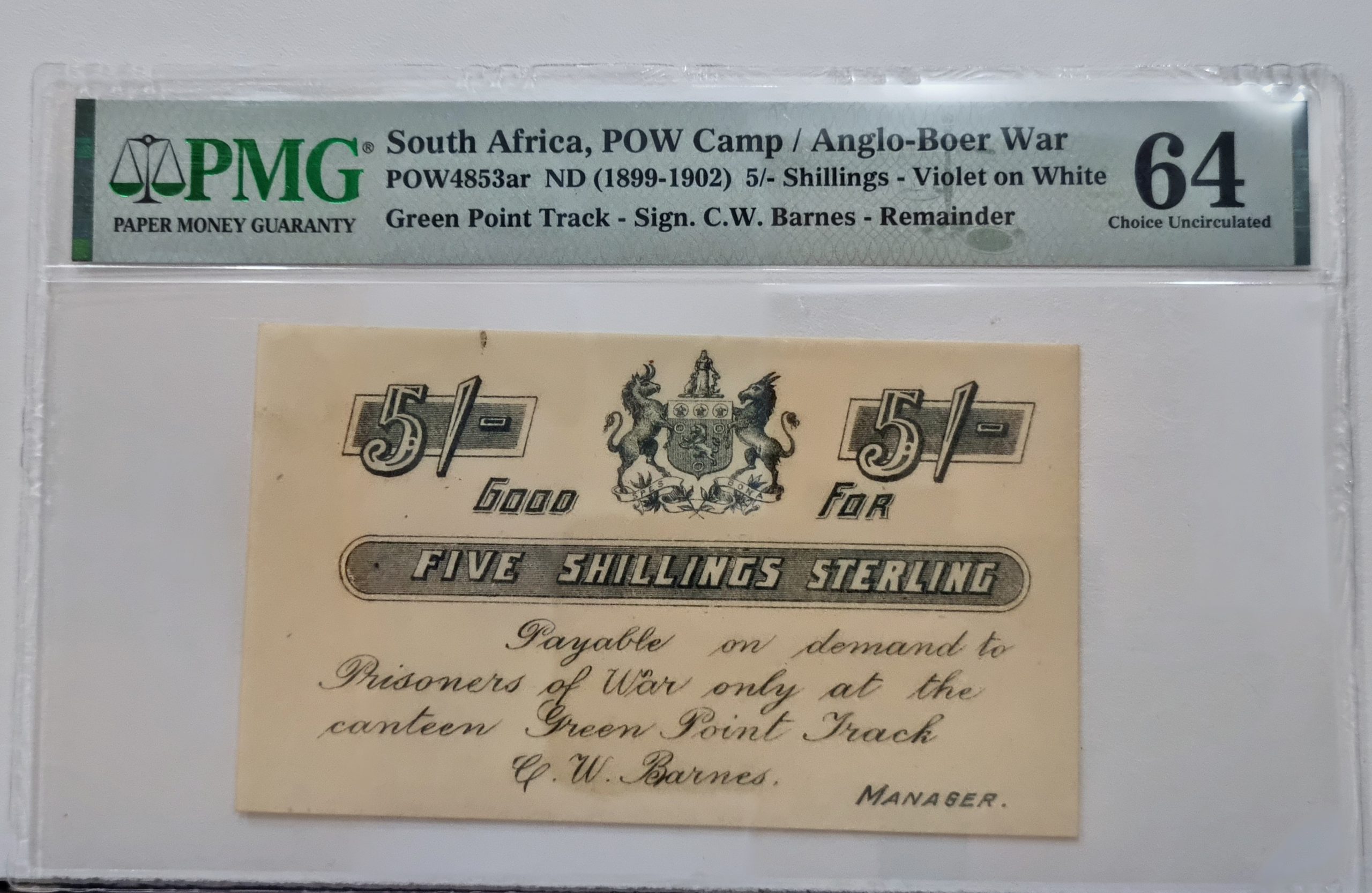 South Africa, POW Camp / Anglo - Boer War POW4853ar ND (1899-1902) 5/-Shillings - Voilet on White, Green Point Track - Sign. C.W.Barnes - Remainder 64 Choice Uncirculated