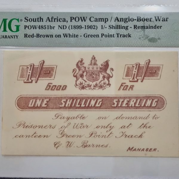South Africa, POW Camp/Anglo-Boer War POW4851br ND (1899-1902) 1/-Shillings - Remainder, Red-Brown on White - Green Point Track 58 Choice About UNC
