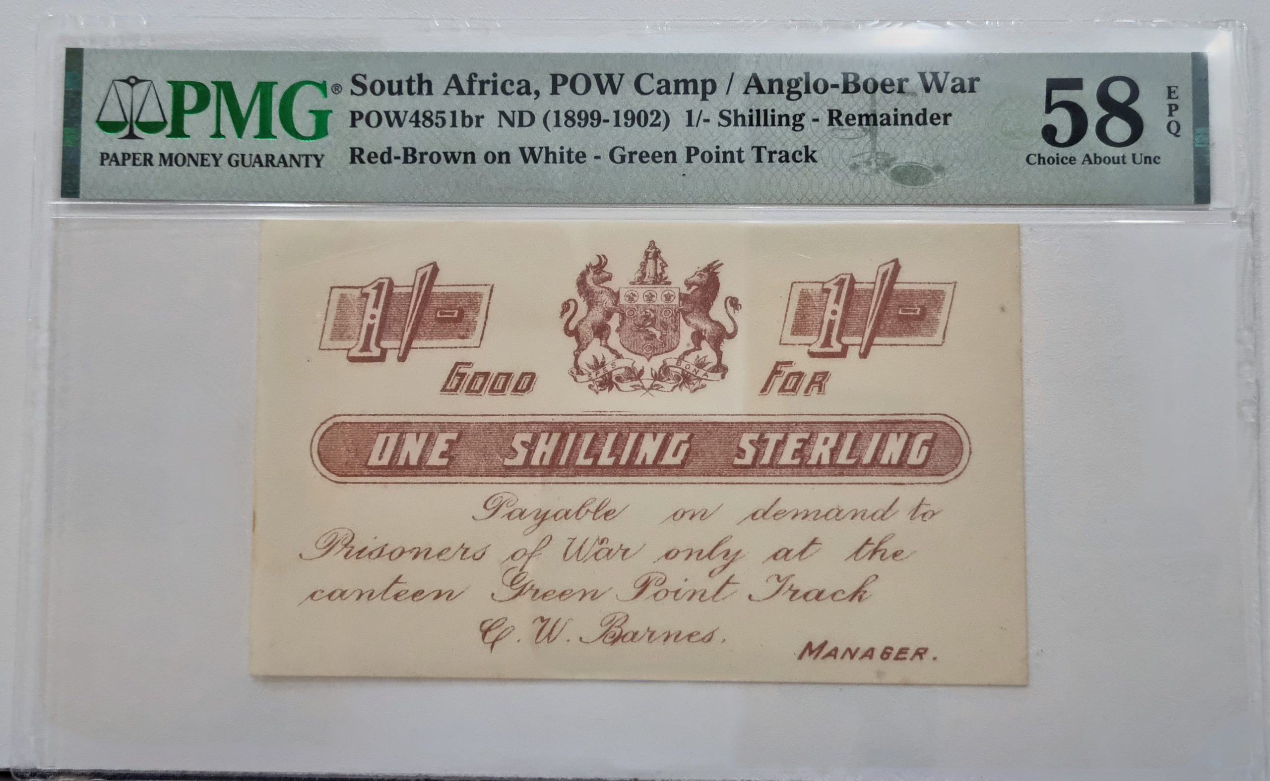 South Africa, POW Camp/Anglo-Boer War POW4851br ND (1899-1902) 1/-Shillings - Remainder, Red-Brown on White - Green Point Track 58 Choice About UNC