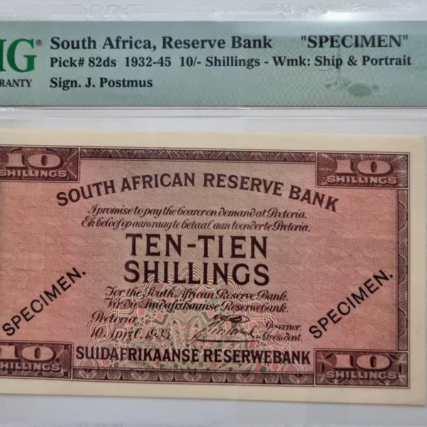 South Africa, Reserve Bank, "SPECIMEN" Pick#82ds 1932-45 10/-Shillings - Wmk: Ship & Portrait, Sign. J. Postmus, 65 Gem Uncirculated