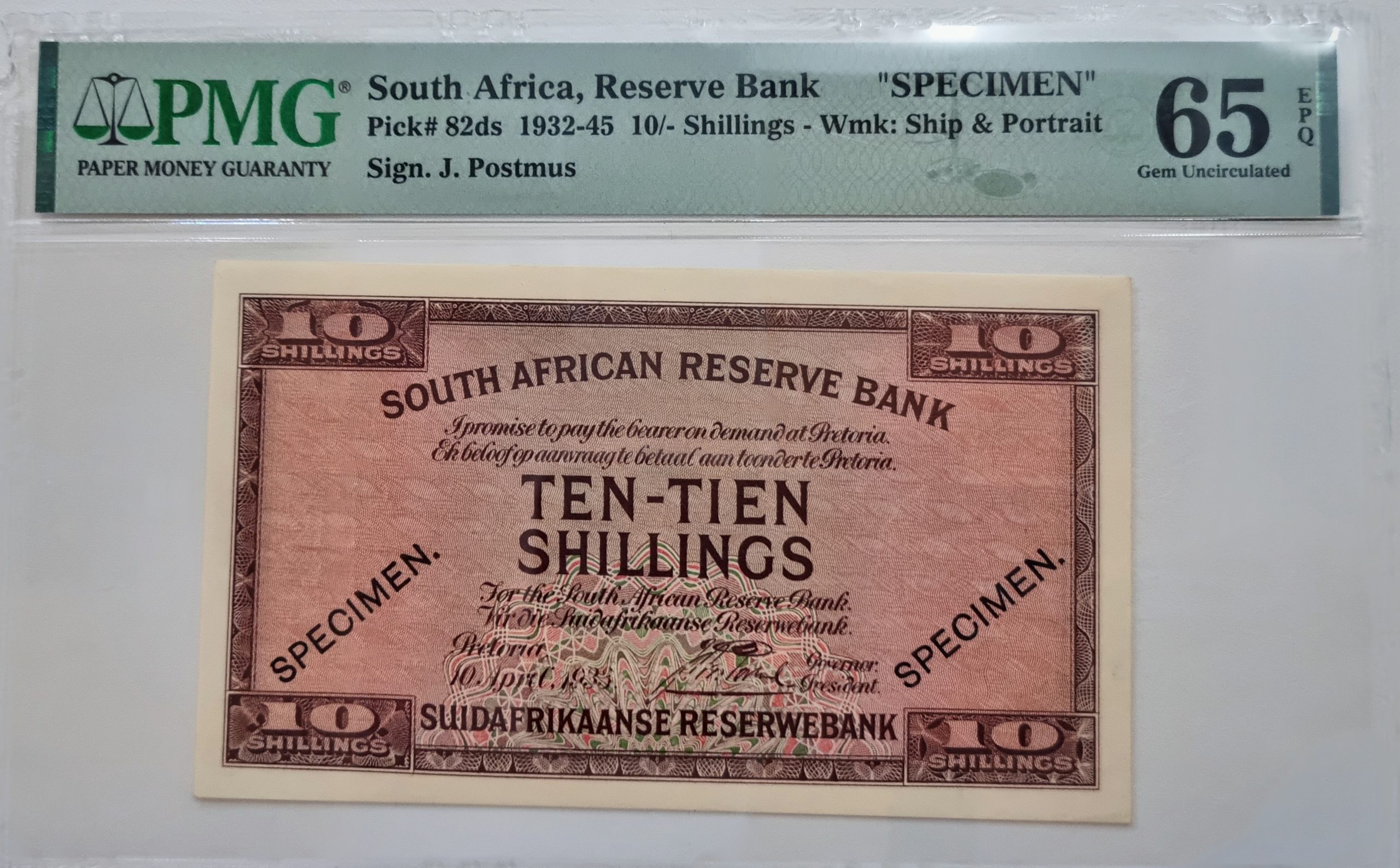 South Africa, Reserve Bank, "SPECIMEN" Pick#82ds 1932-45 10/-Shillings - Wmk: Ship & Portrait, Sign. J. Postmus, 65 Gem Uncirculated