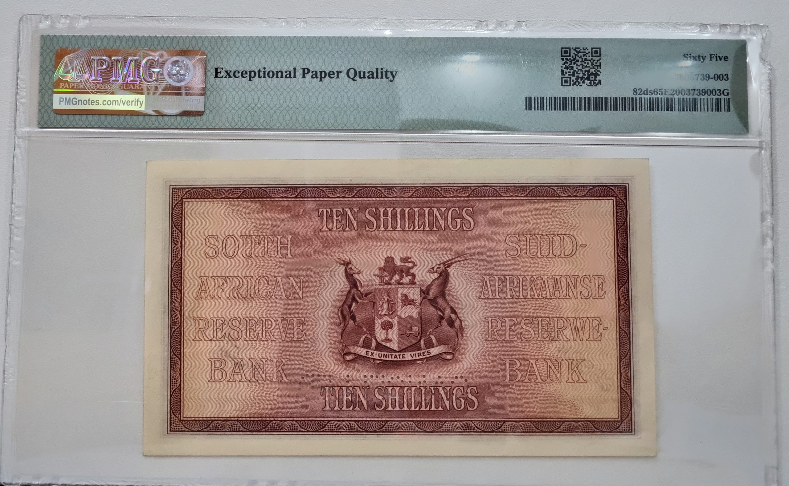 South Africa, Reserve Bank, "SPECIMEN" Pick#82ds 1932-45 10/-Shillings - Wmk: Ship & Portrait, Sign. J. Postmus, 65 Gem Uncirculated - Image 2