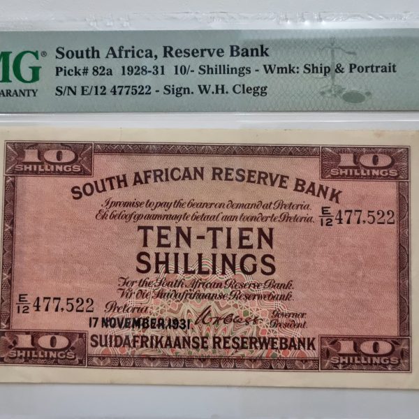 South Africa, Reserve Bank Pick# 82a 1928-31 10/-Shillings - Wmk: Ship & Portrait S/N E/12 477522 - Sign. W. H. Clegg, 30 Very Fine