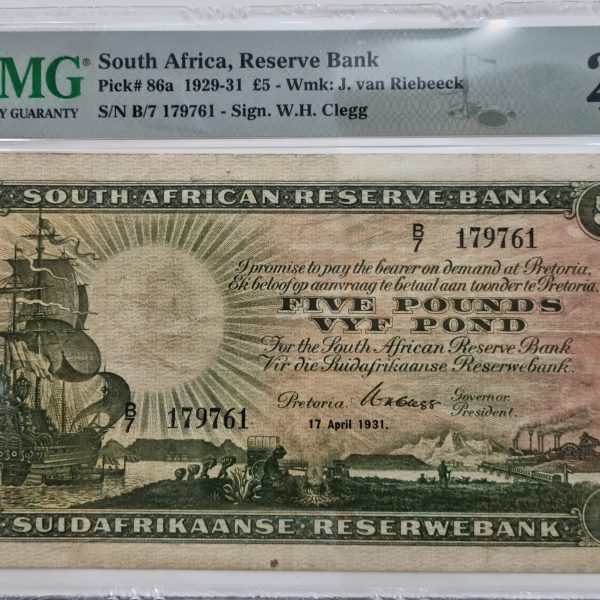 South Africa, Reserve Bank, Pick# 86a 1929-31 £5 - Wmk: J. van Riebeeck S/N B/7 179761 - Sign. W.H. Clegg 25 Very Fine
