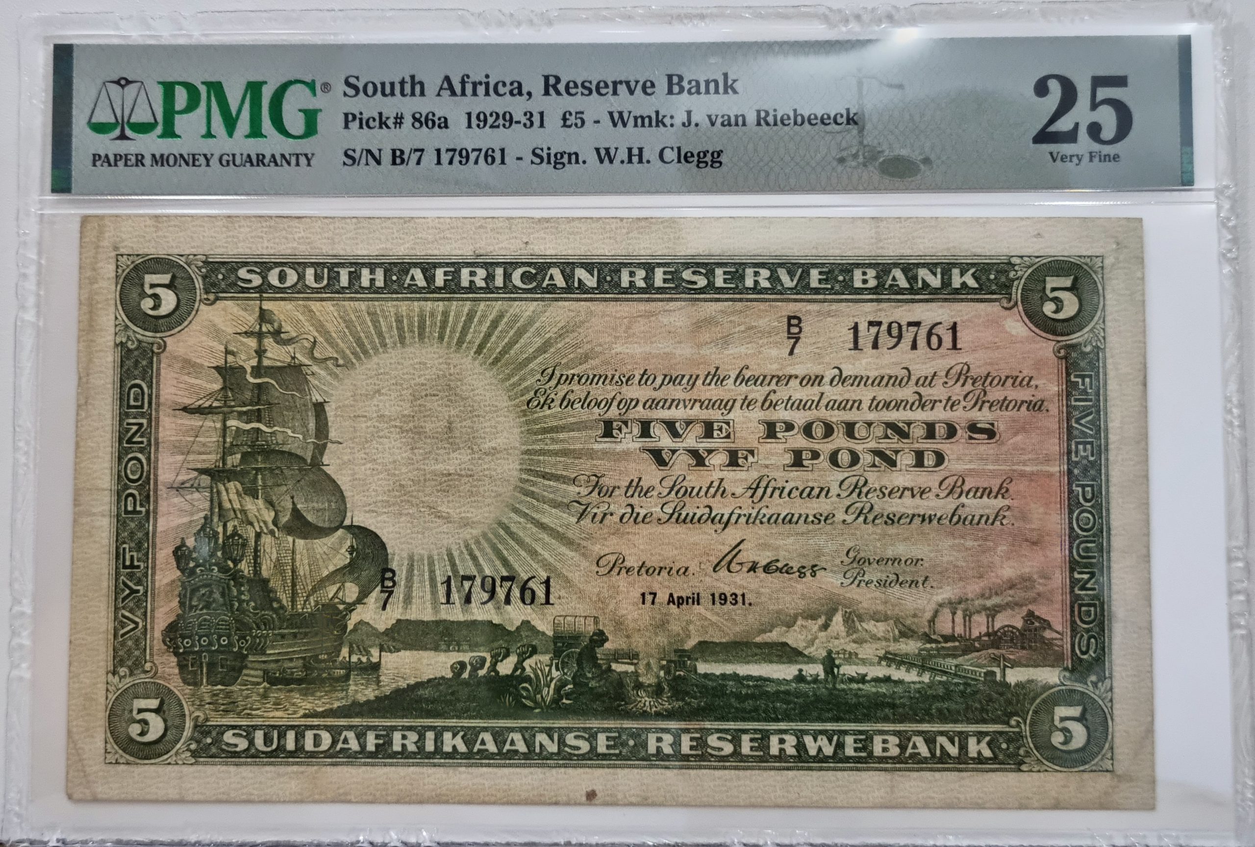 South Africa, Reserve Bank, Pick# 86a 1929-31 £5 - Wmk: J. van Riebeeck S/N B/7 179761 - Sign. W.H. Clegg 25 Very Fine