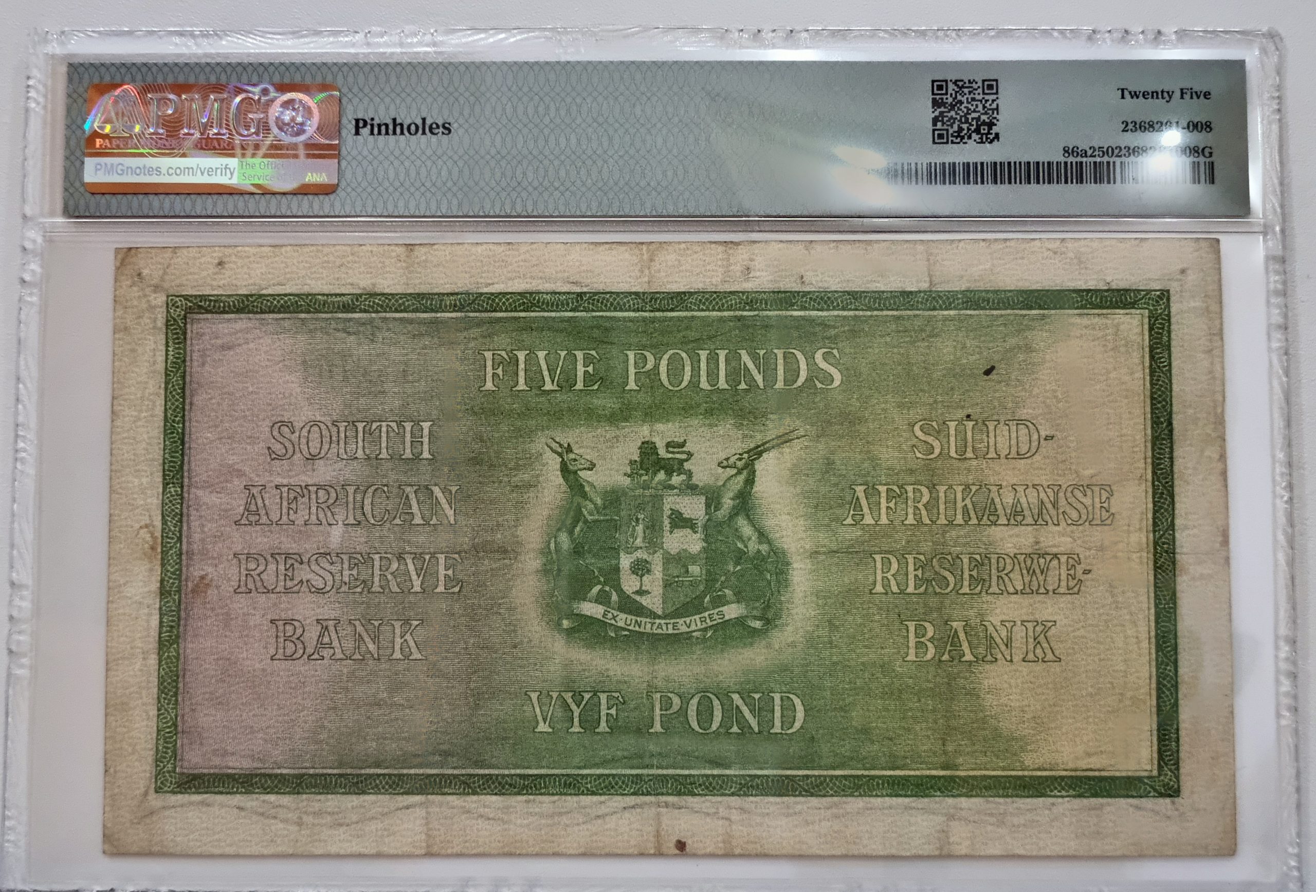 South Africa, Reserve Bank, Pick# 86a 1929-31 £5 - Wmk: J. van Riebeeck S/N B/7 179761 - Sign. W.H. Clegg 25 Very Fine - Image 2