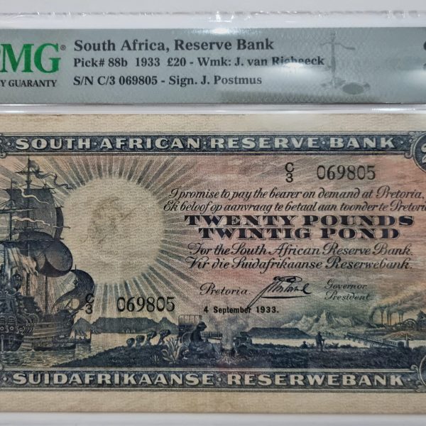 South Africa, Reserve Bank, Pick# 88b 1933 £20 - Wmk: J. van Riebeek, S/N C/3 069805 - Sign. J. Postmus 30 Very Fine