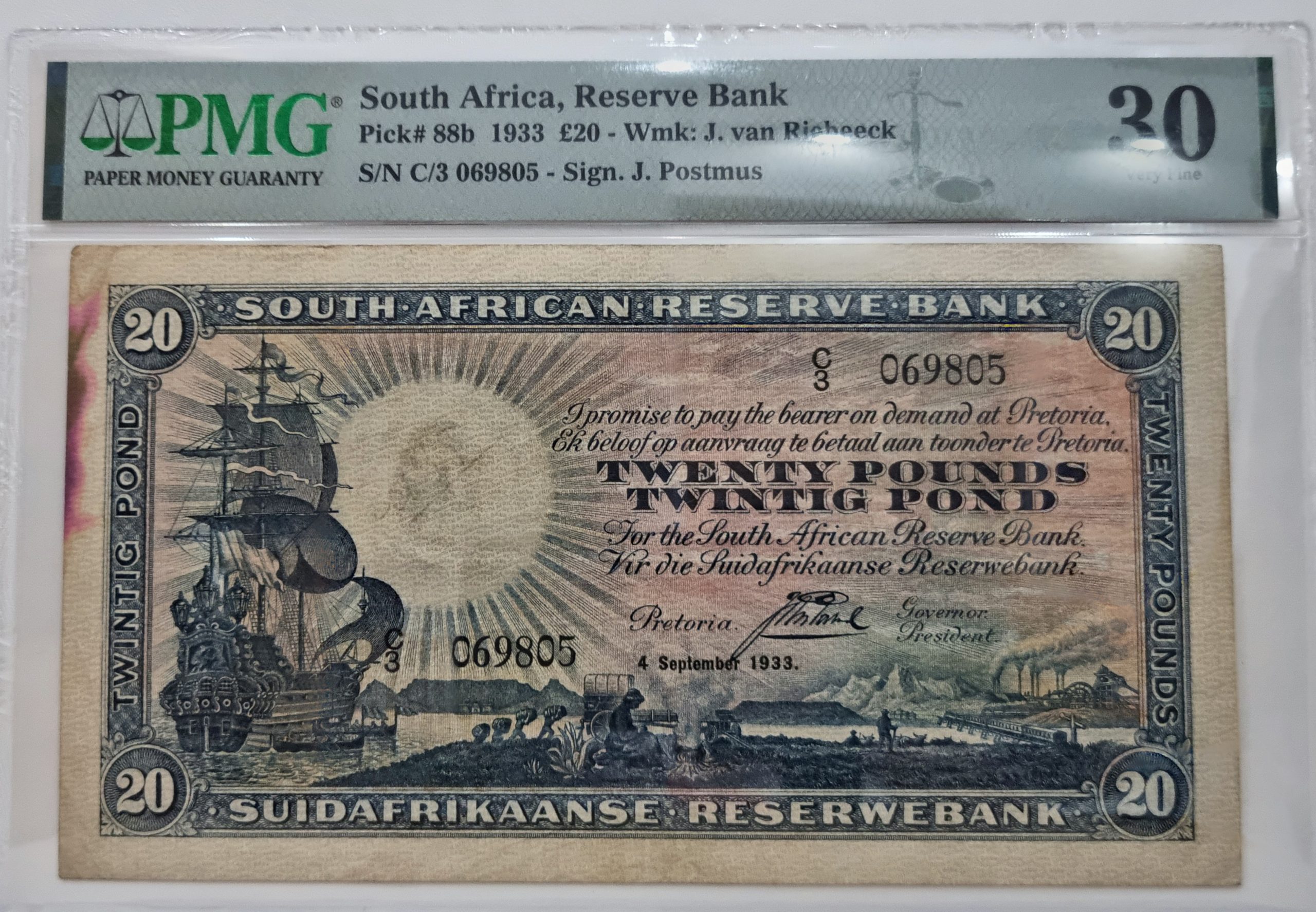 South Africa, Reserve Bank, Pick# 88b 1933 £20 - Wmk: J. van Riebeek, S/N C/3 069805 - Sign. J. Postmus 30 Very Fine