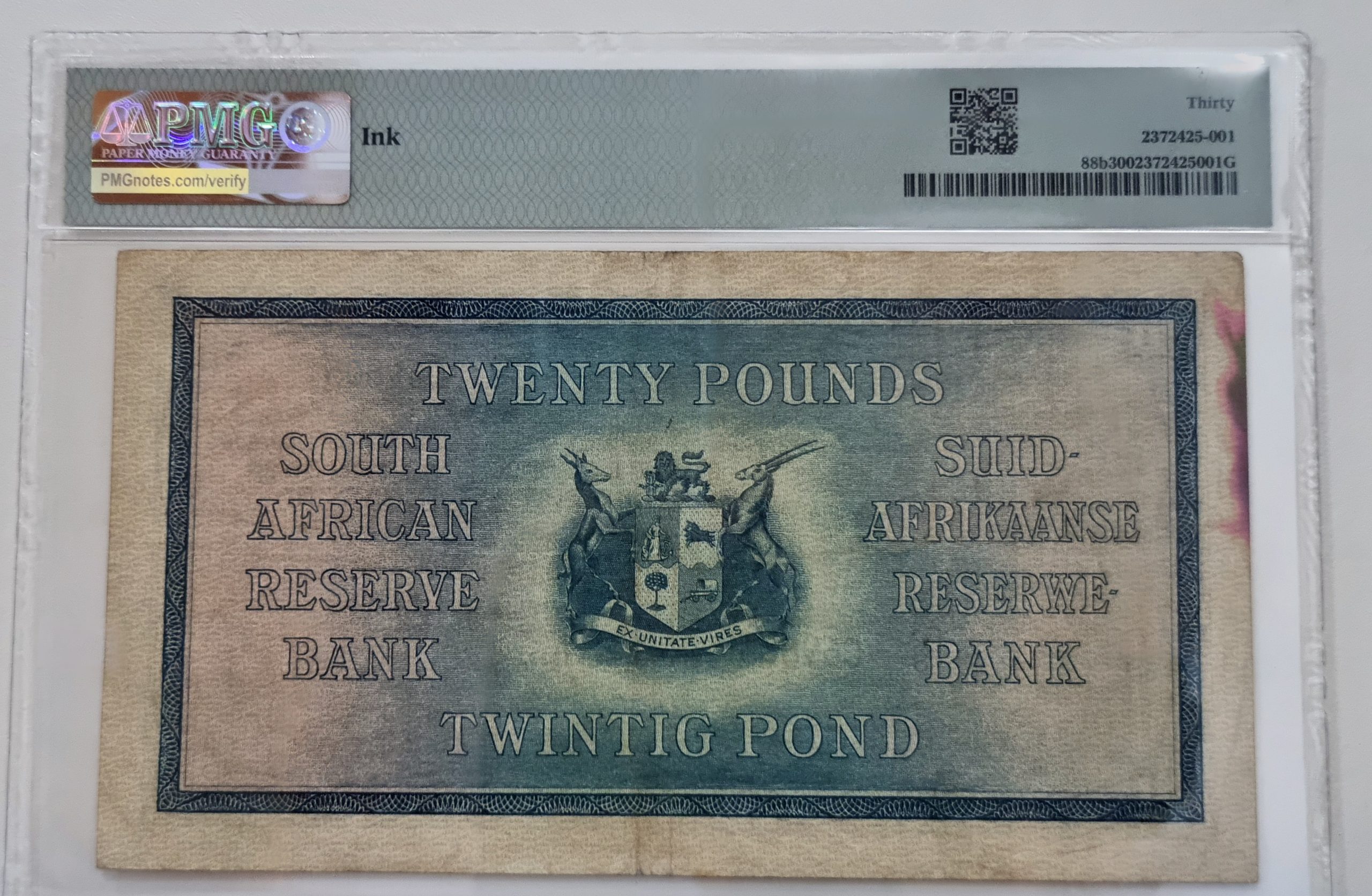 South Africa, Reserve Bank, Pick# 88b 1933 £20 - Wmk: J. van Riebeek, S/N C/3 069805 - Sign. J. Postmus 30 Very Fine - Image 2