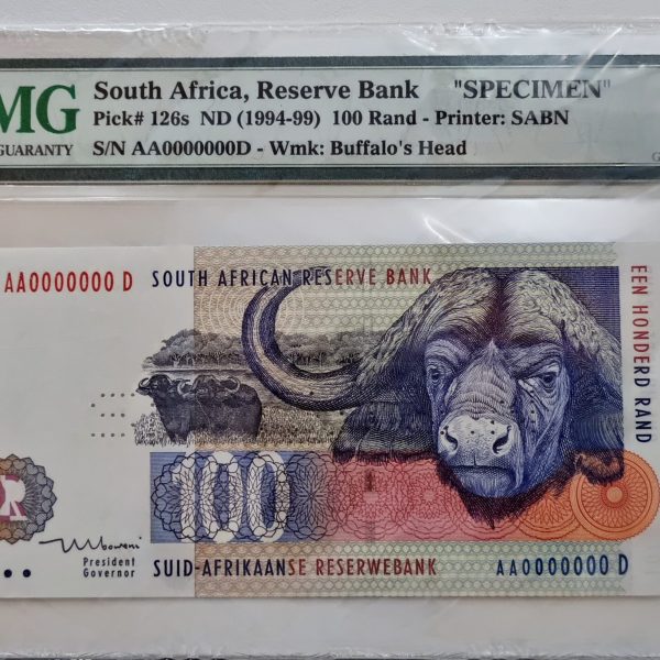 South Africa, Reserve Bank, "SPECIMEN" Pick# 126s ND (1994-99) 100 Rand - Printer: SABN, S/N AA0000000D - Wmk: Buffelo's Head 66 Gem Uncirculated