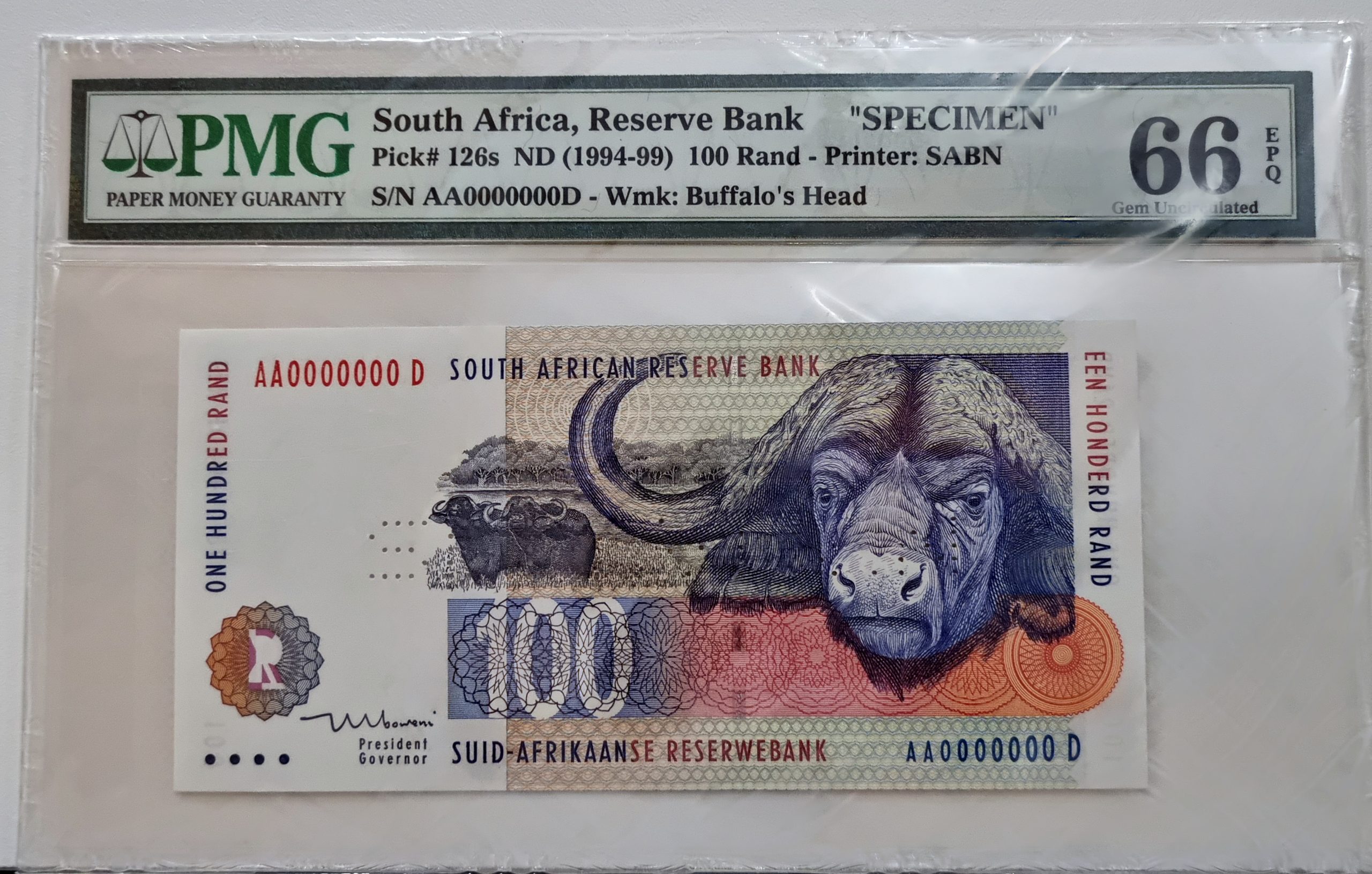 South Africa, Reserve Bank, "SPECIMEN" Pick# 126s ND (1994-99) 100 Rand - Printer: SABN, S/N AA0000000D - Wmk: Buffelo's Head 66 Gem Uncirculated