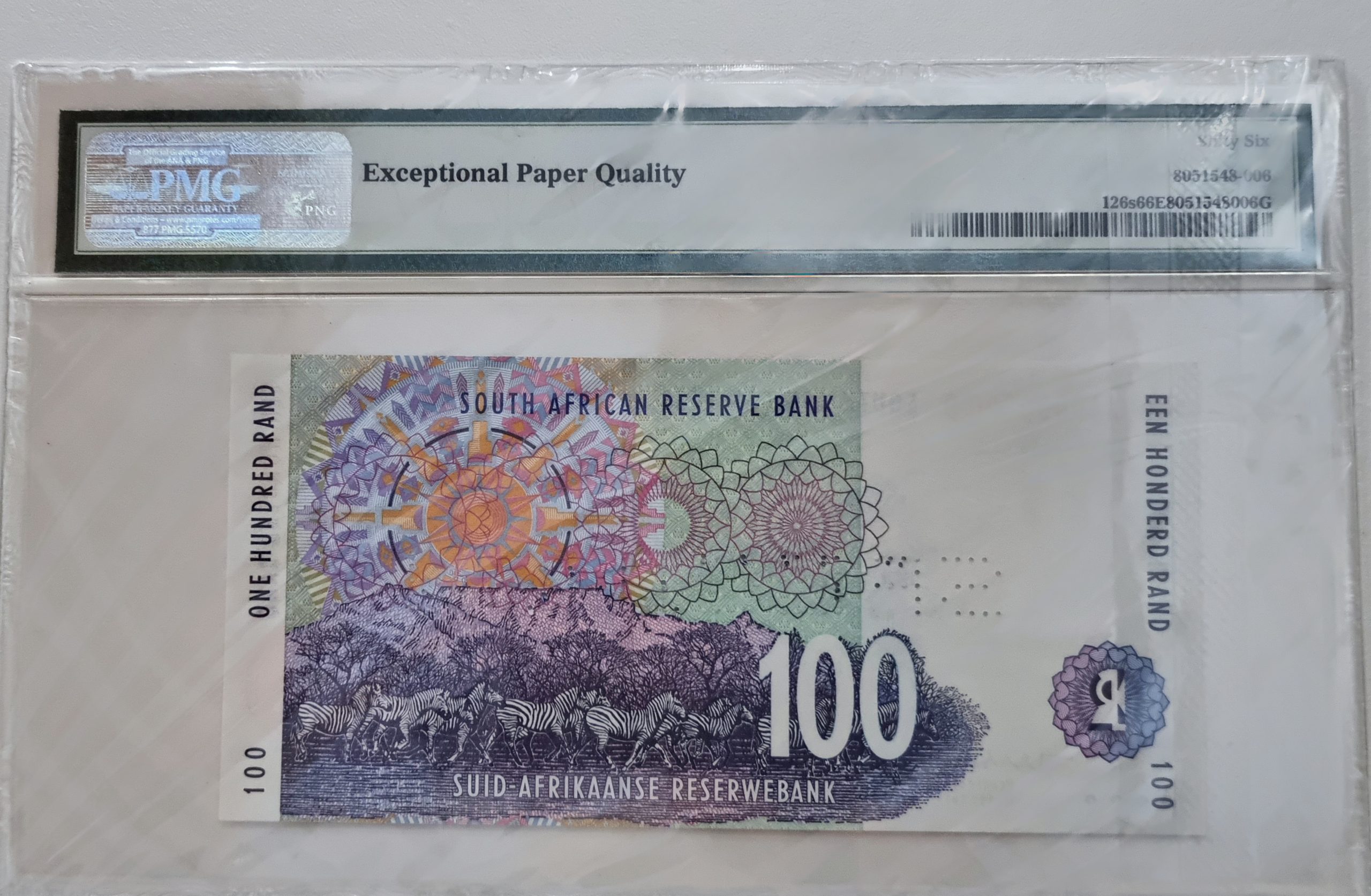 South Africa, Reserve Bank, "SPECIMEN" Pick# 126s ND (1994-99) 100 Rand - Printer: SABN, S/N AA0000000D - Wmk: Buffelo's Head 66 Gem Uncirculated - Image 2