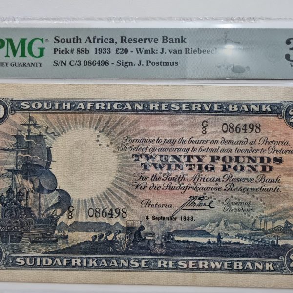 South Africa, Reserve Bank, Pick# 88b 1933 £20 - Wmk: J. van Riebeeck, S/N C/3 086498 - Sign.J. Postmus, 30 Very Fine