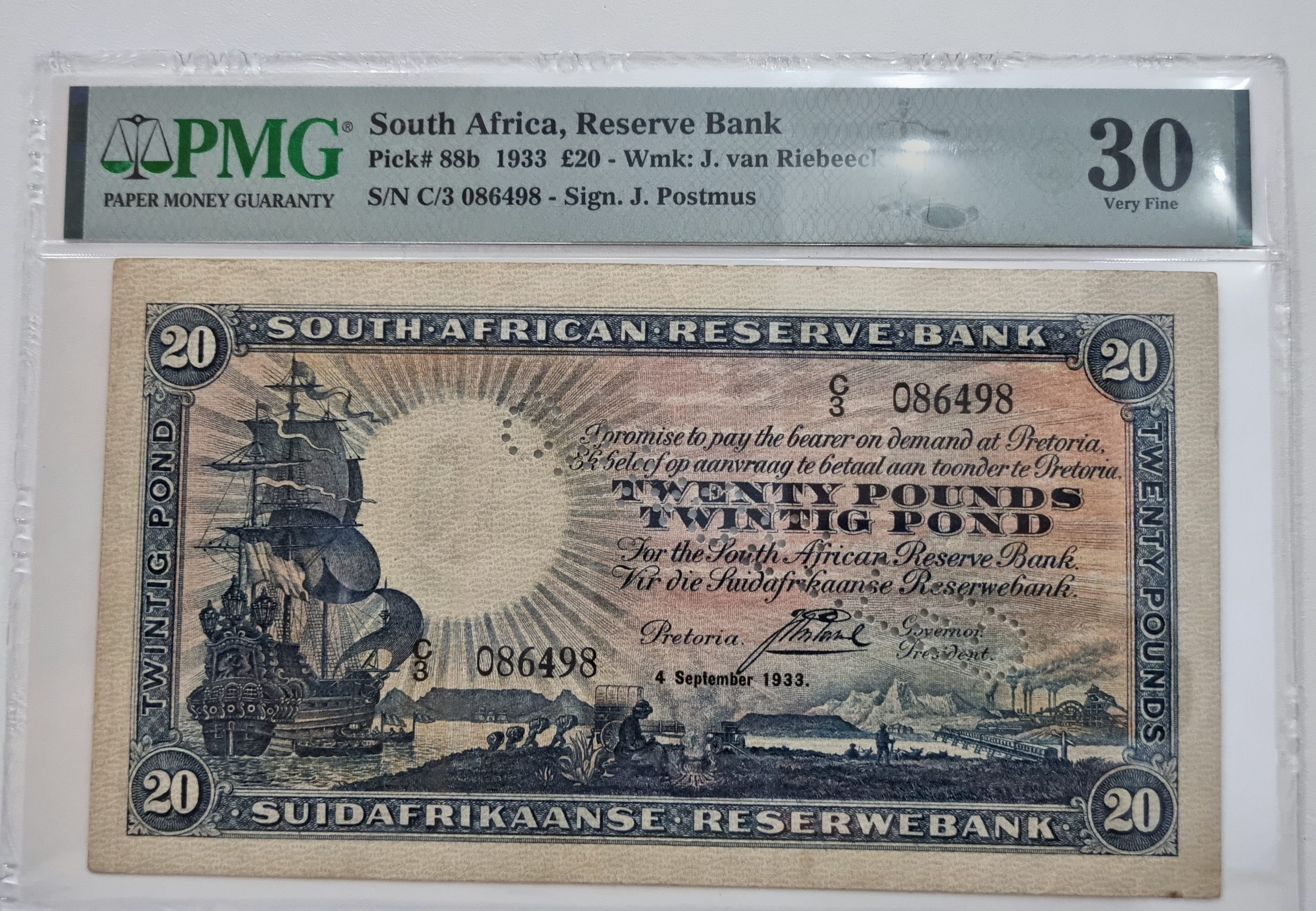 South Africa, Reserve Bank, Pick# 88b 1933 £20 - Wmk: J. van Riebeeck, S/N C/3 086498 - Sign.J. Postmus, 30 Very Fine