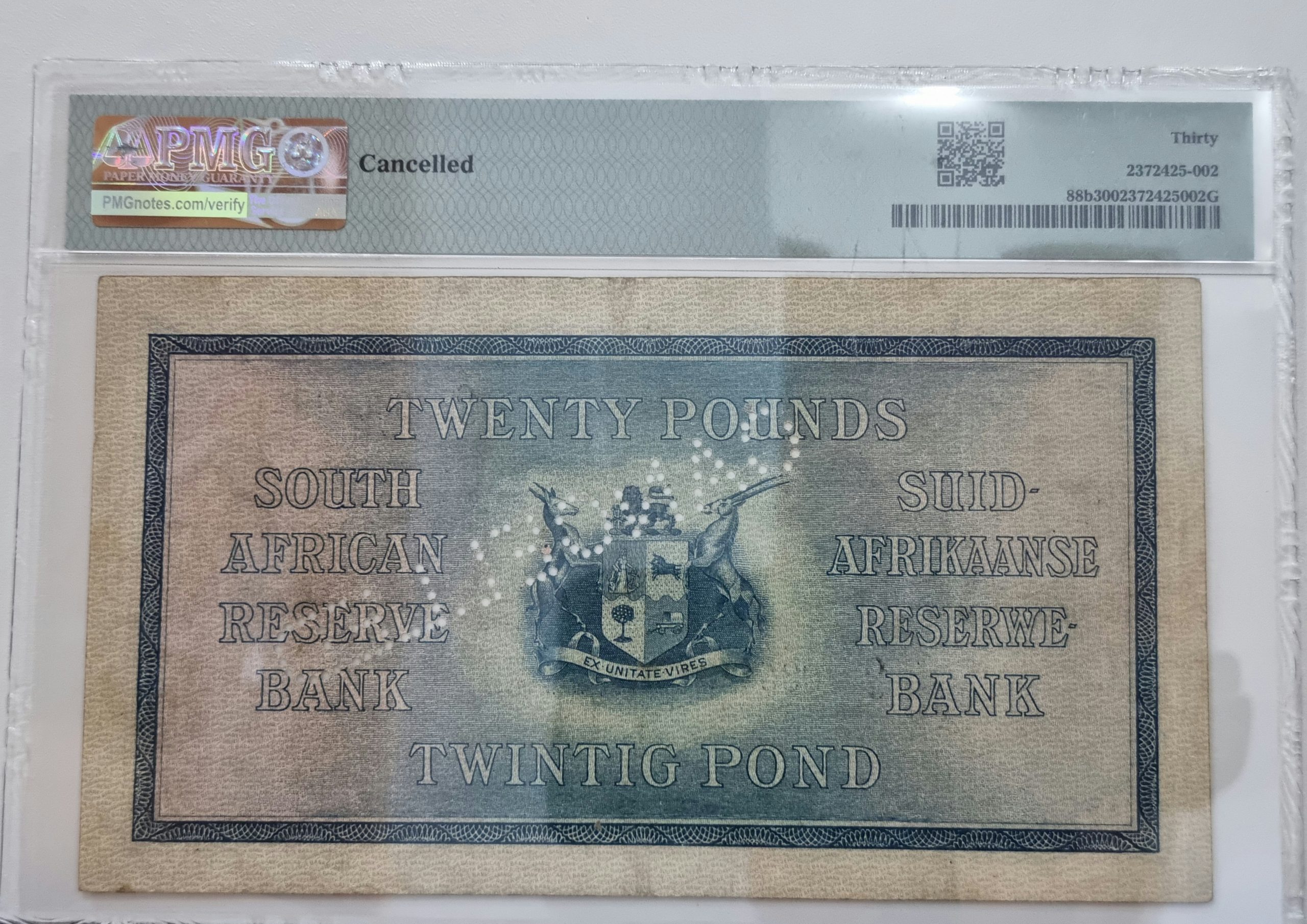 South Africa, Reserve Bank, Pick# 88b 1933 £20 - Wmk: J. van Riebeeck, S/N C/3 086498 - Sign.J. Postmus, 30 Very Fine - Image 2