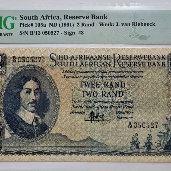 South Africa, Reserve Bank, Pick# 105a ND (1961) R2 - Wmk: J. van Riebeeck S/N B/13 050527- Sign. #3 65 Gem Uncirculated
