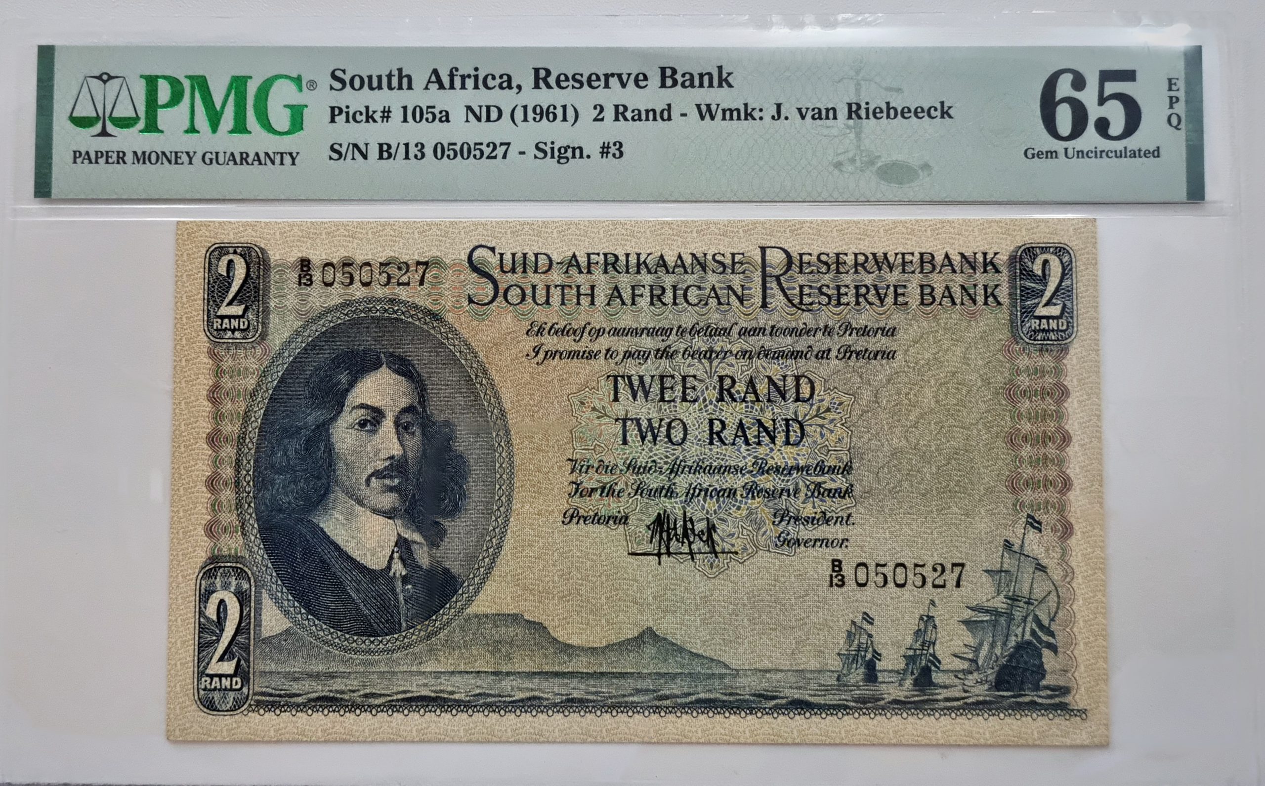 South Africa, Reserve Bank, Pick# 105a ND (1961) R2 - Wmk: J. van Riebeeck S/N B/13 050527- Sign. #3 65 Gem Uncirculated