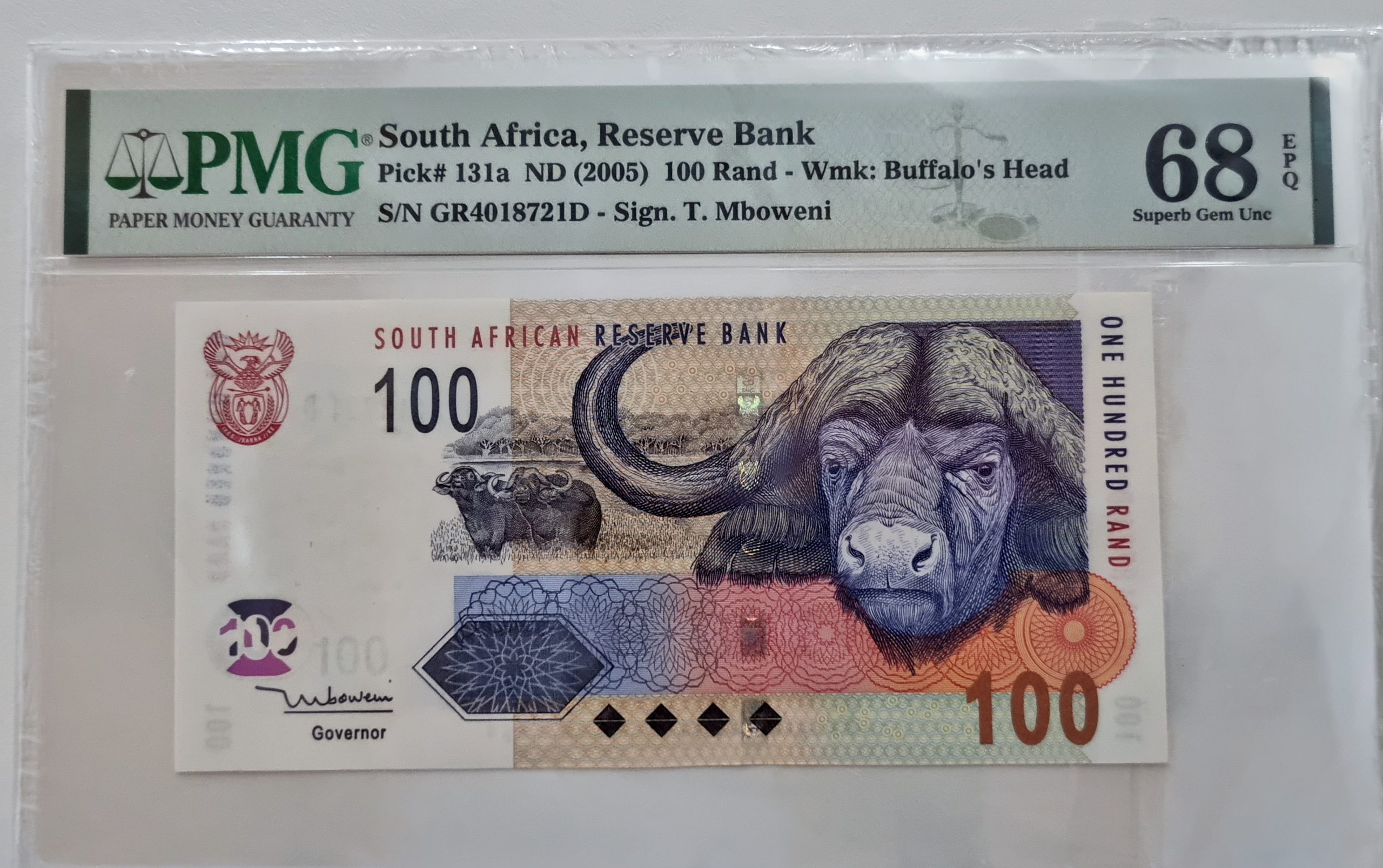 South Africa, Reserve Bank, Pick# 131a ND (2005) 100 Rand - Wmk: Buffalo's Head, S/N GR4018721D - Sign. T. Mboweni 68 Suberb Gem Unc