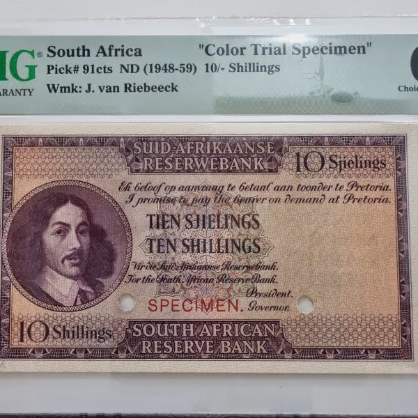 South Africa "Color Trial Specimen" Pick# 91cts ND (1948-59) 10/-Shillings, Wmk:J. van Riebeeck 63 Choice Uncirculated
