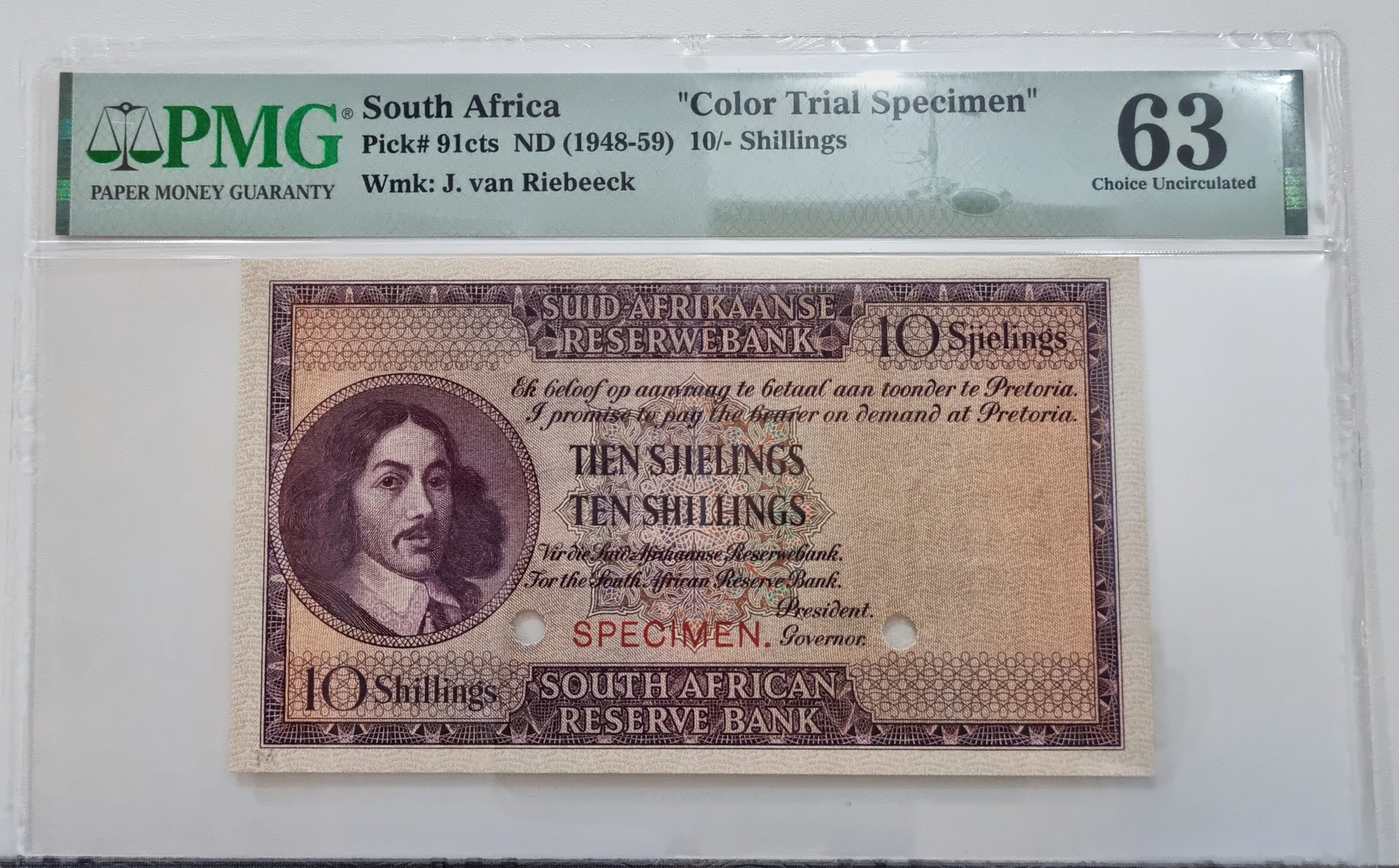 South Africa "Color Trial Specimen" Pick# 91cts ND (1948-59) 10/-Shillings, Wmk:J. van Riebeeck 63 Choice Uncirculated