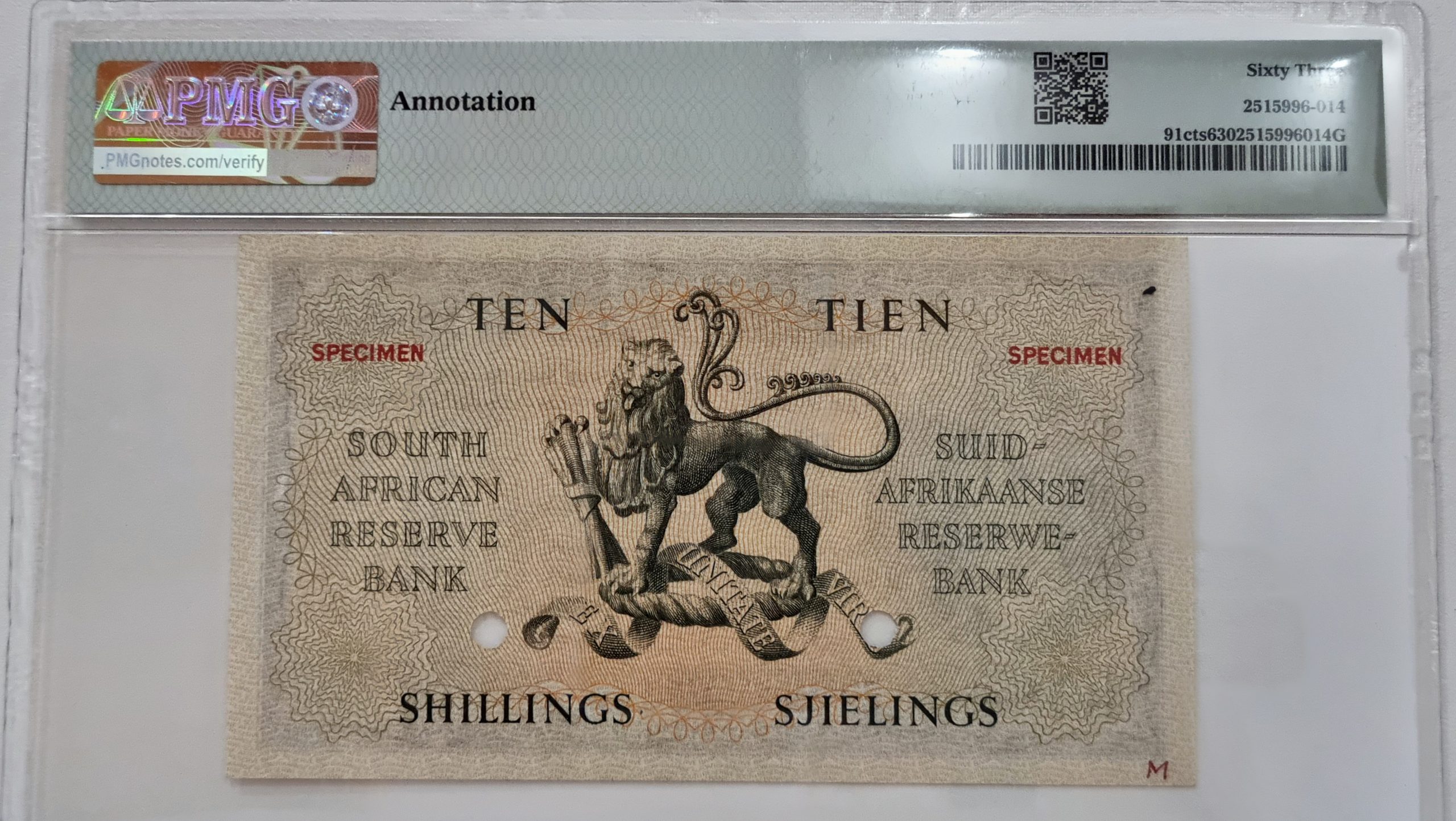 South Africa "Color Trial Specimen" Pick# 91cts ND (1948-59) 10/-Shillings, Wmk:J. van Riebeeck 63 Choice Uncirculated - Image 2