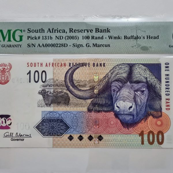 South Africa, Reserve Bank, Pick# 131b ND (2005) 100 Rand - Wmk: Buffalo's Head S/N AA0000228D - Sign. G. Marcus 65 Gem Uncirculated