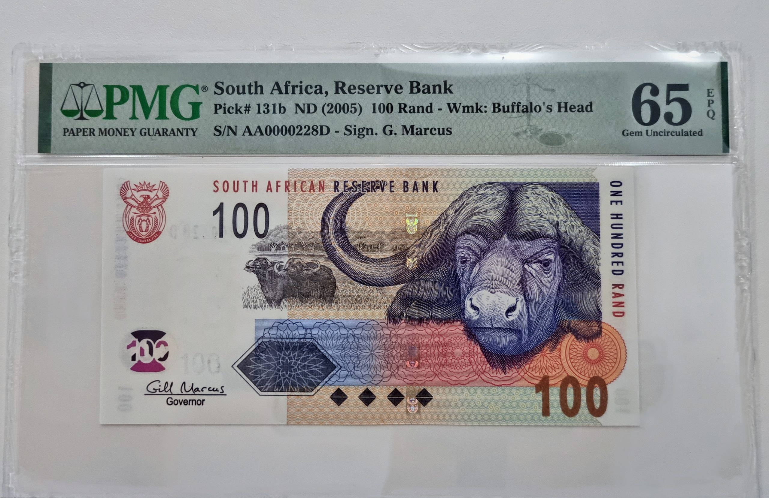 South Africa, Reserve Bank, Pick# 131b ND (2005) 100 Rand - Wmk: Buffalo's Head S/N AA0000228D - Sign. G. Marcus 65 Gem Uncirculated