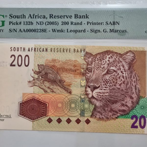 South Africa, Reserve Bank, Pick# 132b ND (2005) 200 Rand - Printer: SABN, S/N AA0000228E - Wmk: Leapard - Sign. G. Marcus 65 Gem Unc