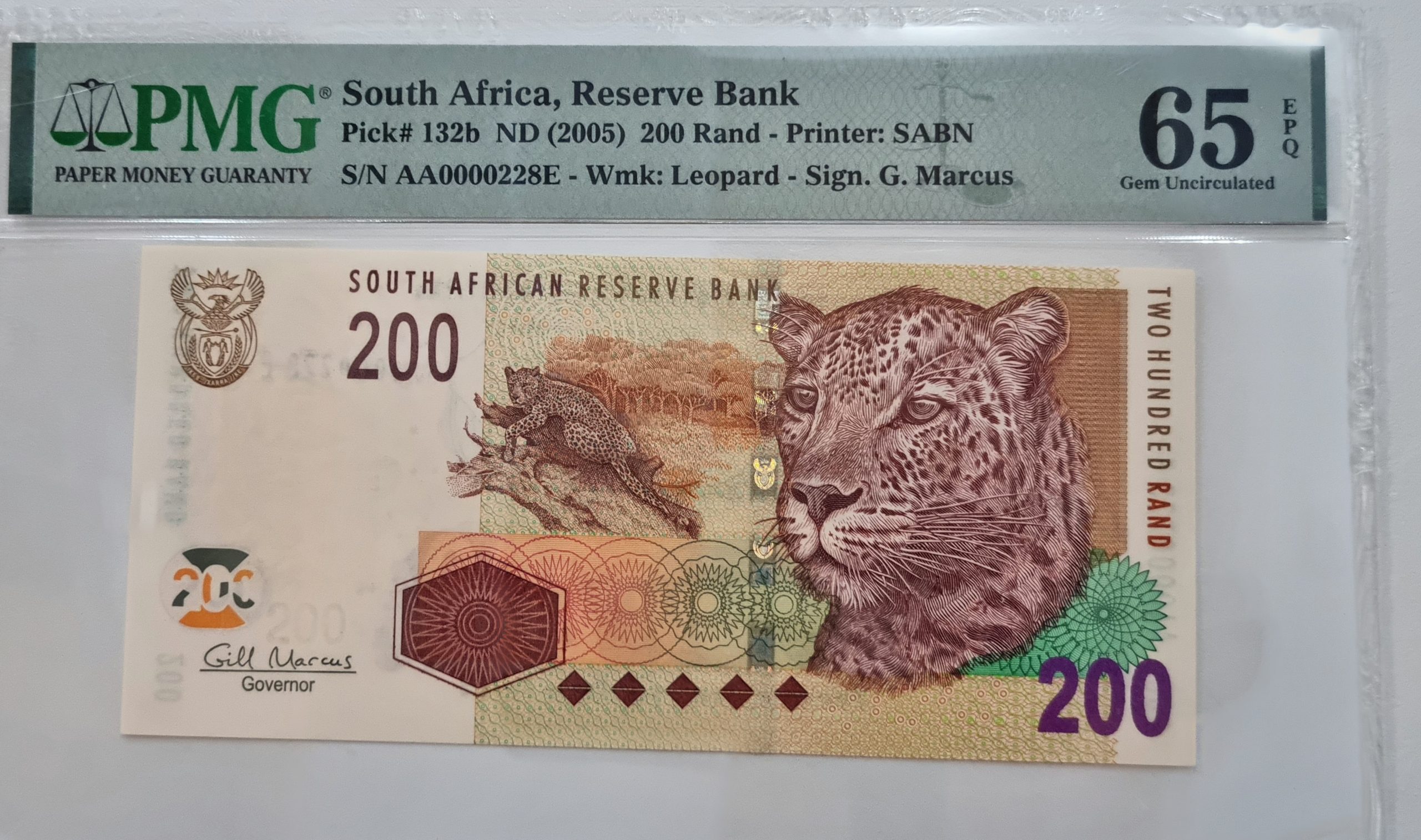 South Africa, Reserve Bank, Pick# 132b ND (2005) 200 Rand - Printer: SABN, S/N AA0000228E - Wmk: Leapard - Sign. G. Marcus 65 Gem Unc
