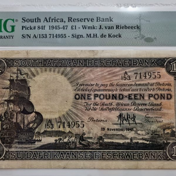South Africa, Reserve Bank, Pick# 84f 1945-47 £1 - Wmk: J. van Riebeeck, S/N A/153 714955 - Sign. M.H. de Kock 25 Very Fine