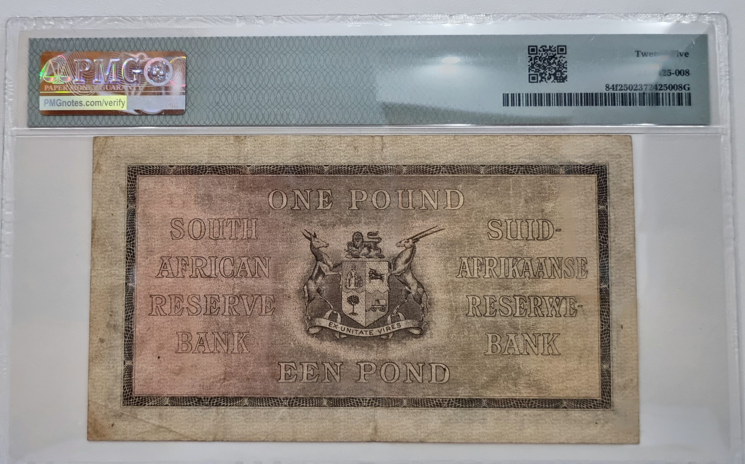 South Africa, Reserve Bank, Pick# 84f 1945-47 £1 - Wmk: J. van Riebeeck, S/N A/153 714955 - Sign. M.H. de Kock 25 Very Fine - Image 2