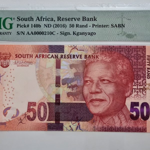 South Africa, Reserve Bank, Pick# 140b ND (2016) R50 - Printer SABN S/N AA0000210C - Sign. Kganyago - 66 Gem Uncirculated