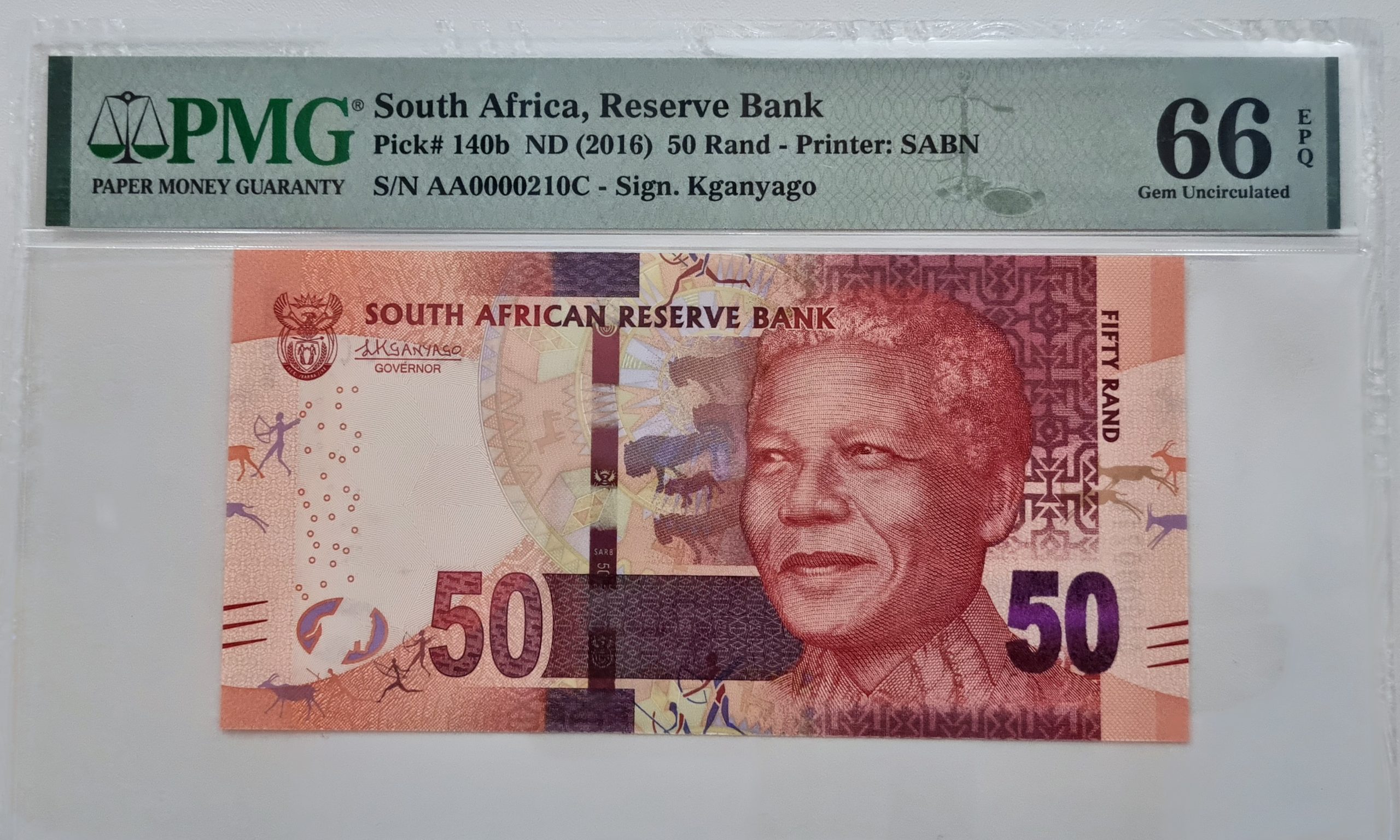 South Africa, Reserve Bank, Pick# 140b ND (2016) R50 - Printer SABN S/N AA0000210C - Sign. Kganyago - 66 Gem Uncirculated