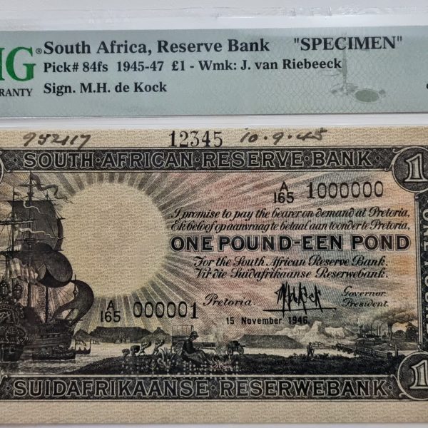South Africa, Reserve Bank "SPECIMEN" Pick#84fs 1945-47 £1 - Wmk: J. van Riebeeck, Sign. M.H. de Kock, 64 Choice Uncirculated